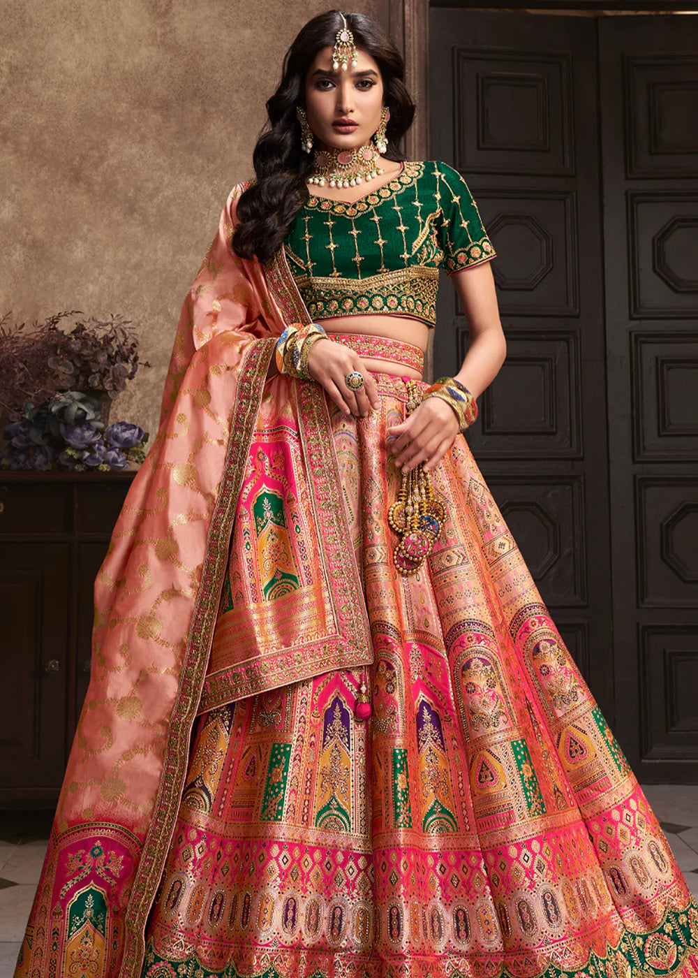 Peach, Green Banarasi Silk Sequence Embroidered Royal Bridal Lehenga