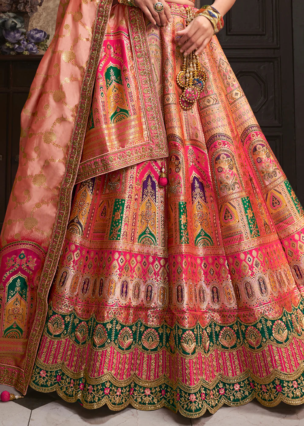 Peach, Green Banarasi Silk Sequence Embroidered Royal Bridal Lehenga