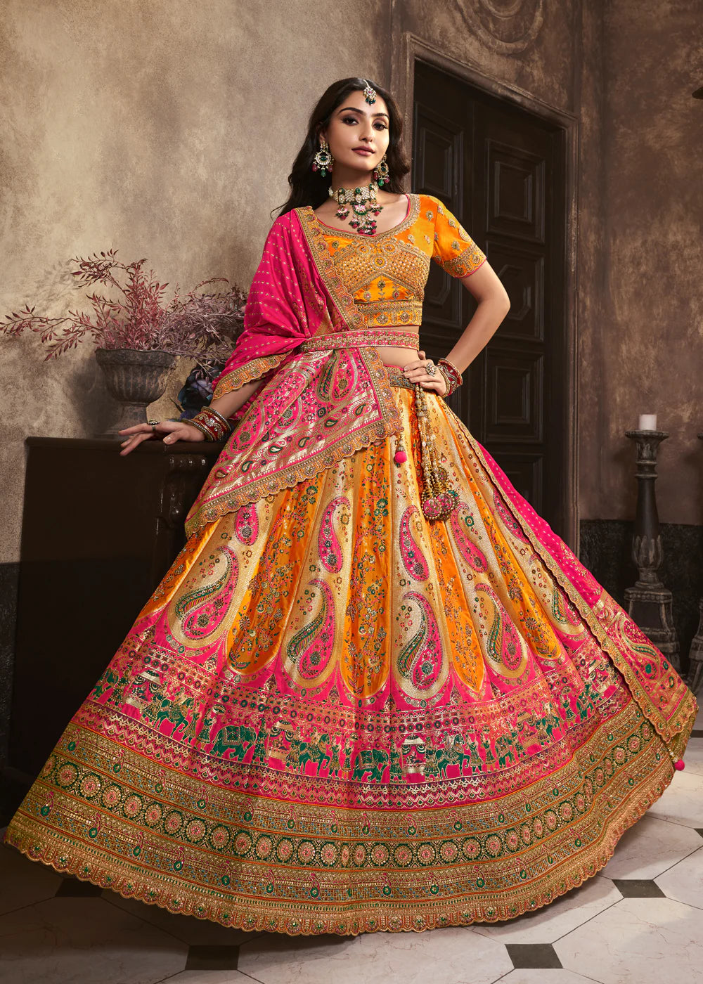 Yellow, Pink Banarasi Silk Sequence Embroidered Royal Bridal Lehenga