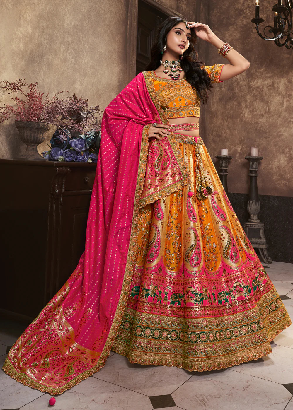 Yellow, Pink Banarasi Silk Sequence Embroidered Royal Bridal Lehenga