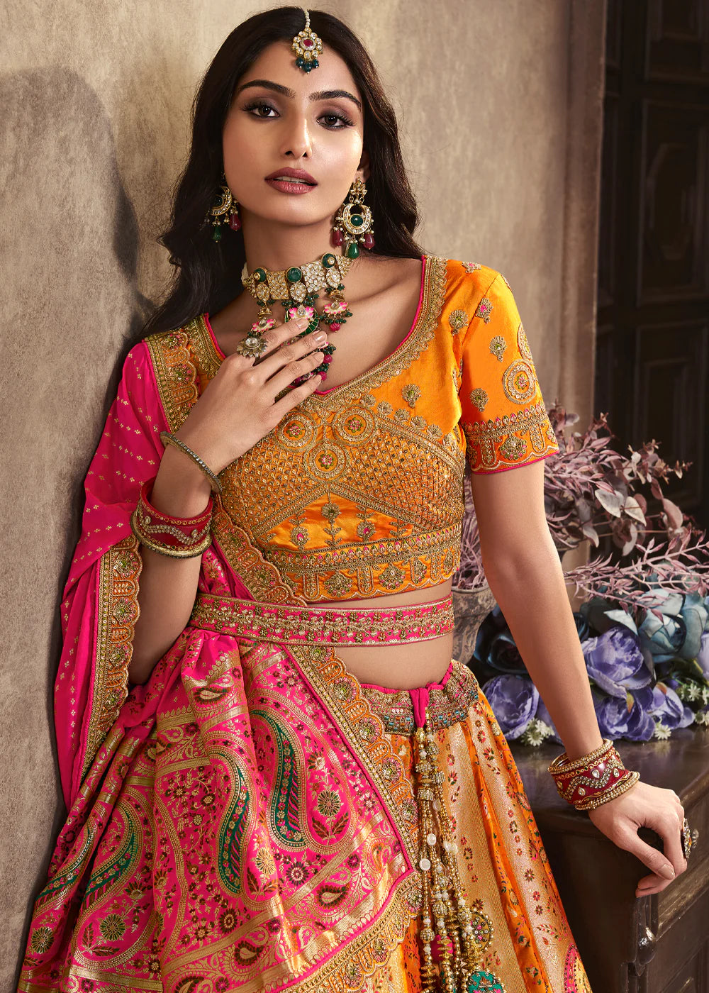 Yellow, Pink Banarasi Silk Sequence Embroidered Royal Bridal Lehenga