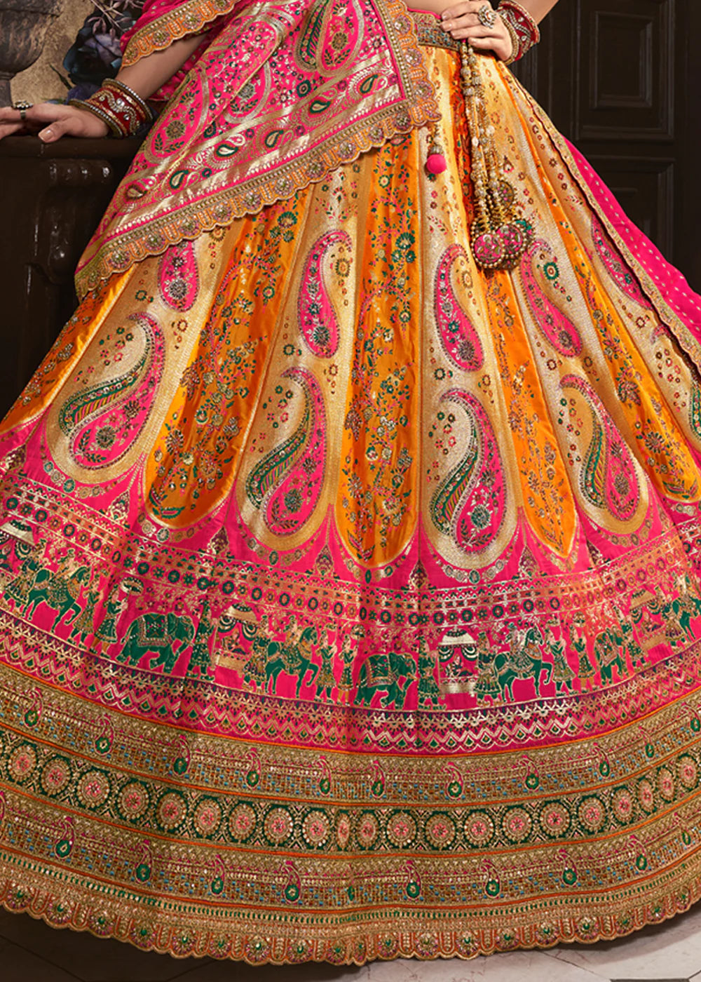 Yellow, Pink Banarasi Silk Sequence Embroidered Royal Bridal Lehenga