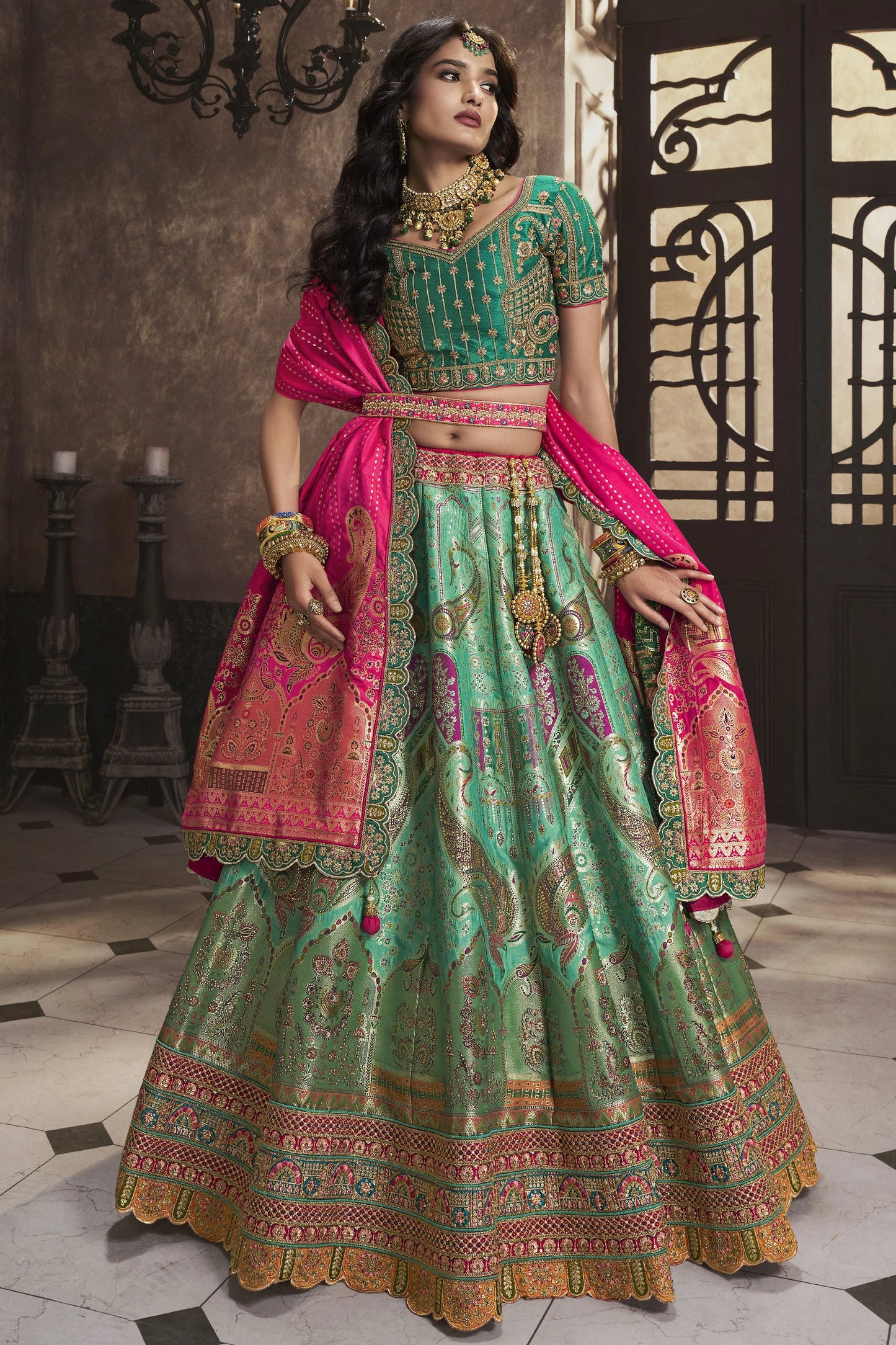 Sea Green Banarasi Silk Sequence Embroidered Royal Bridal Lehenga