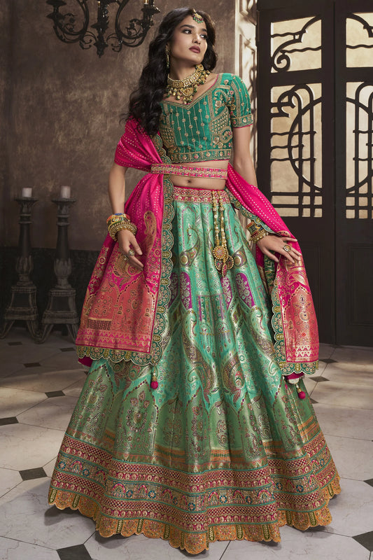 Sea Green Banarasi Silk Sequence Embroidered Royal Bridal Lehenga