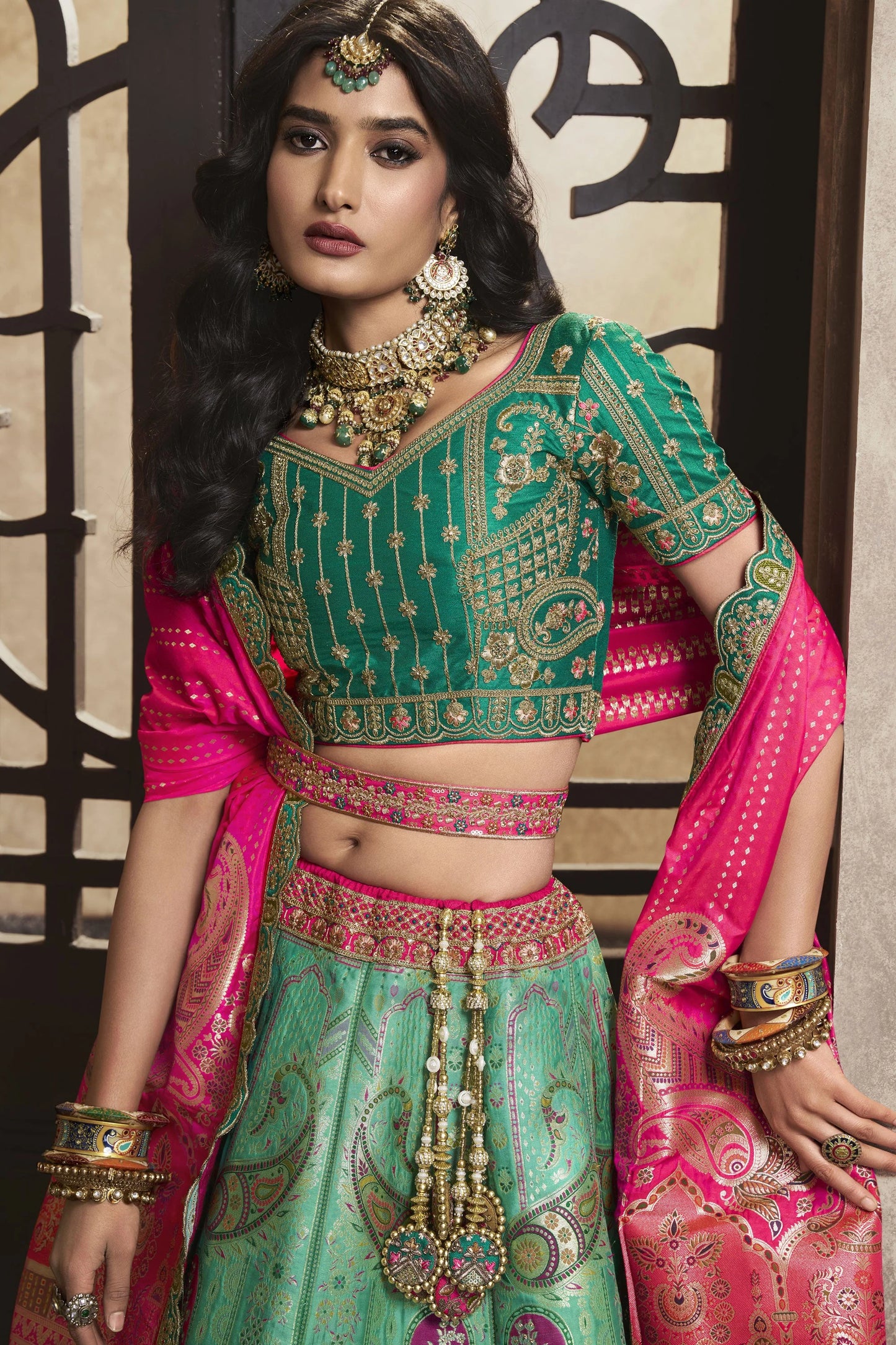 Sea Green Banarasi Silk Sequence Embroidered Royal Bridal Lehenga