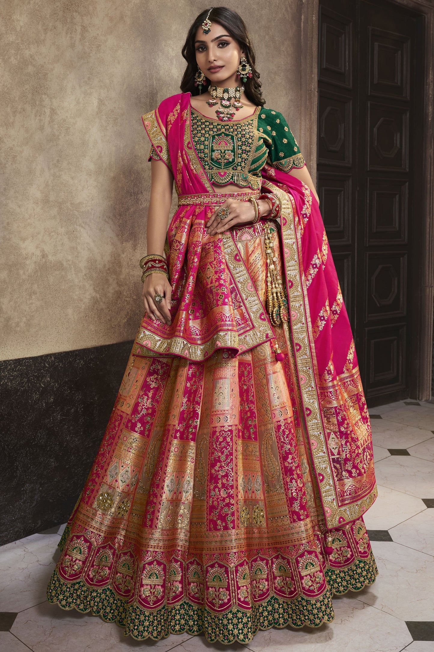 Princess Pink Banarasi Silk Sequence Embroidered Royal Bridal Lehenga