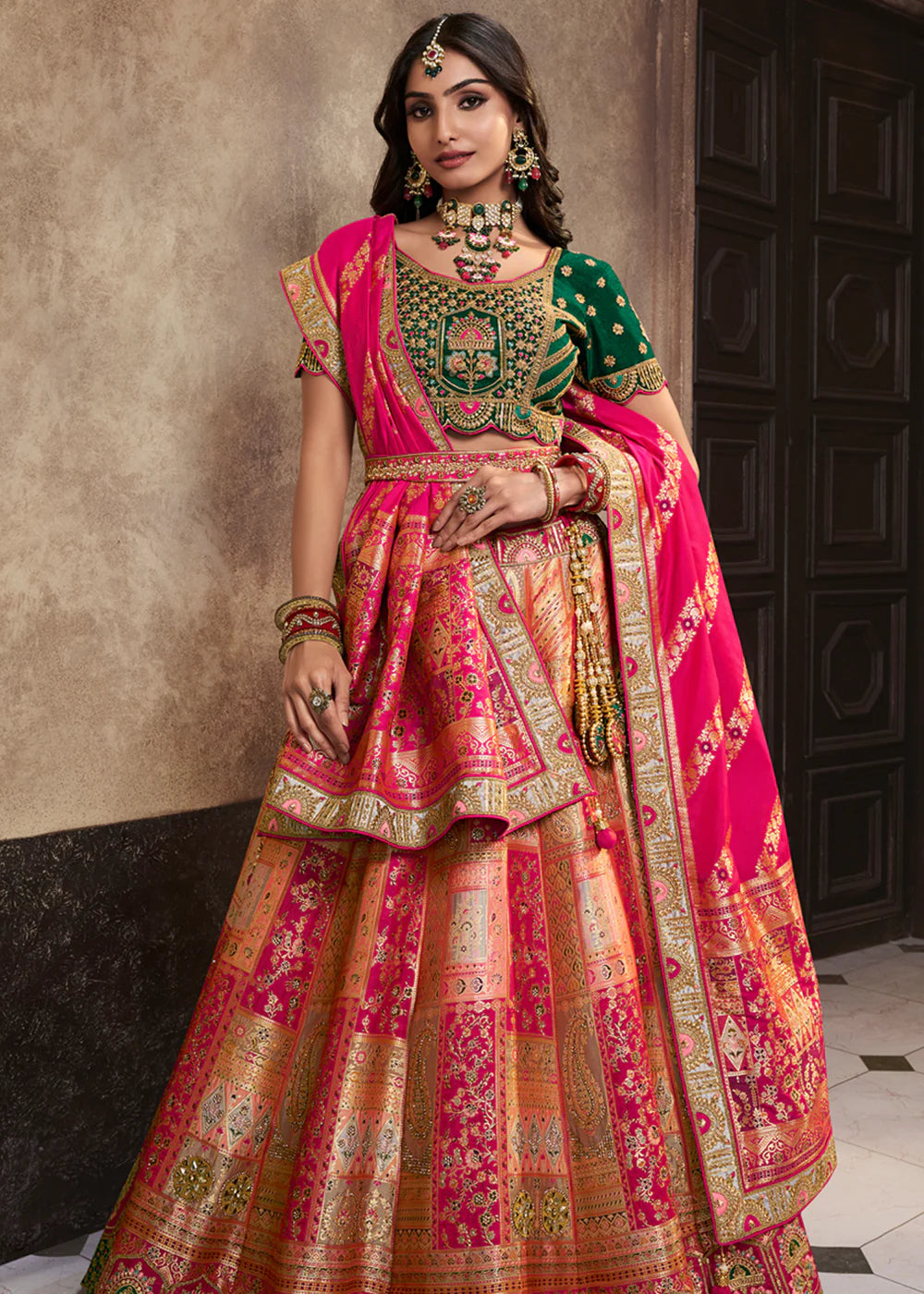 Princess Pink Banarasi Silk Sequence Embroidered Royal Bridal Lehenga