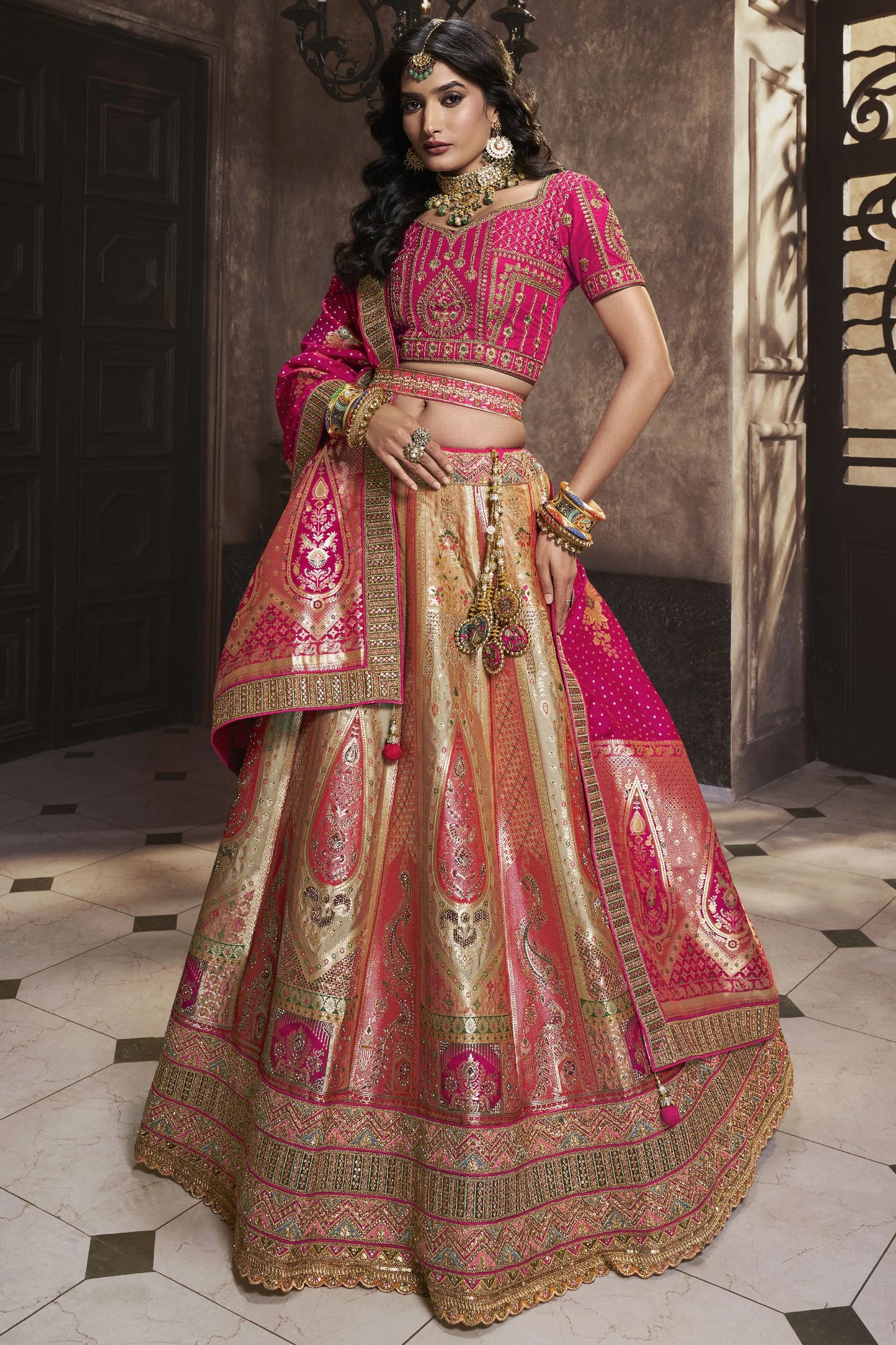 Charming Pink Banarasi Silk Sequence Embroidered Royal Bridal Lehenga