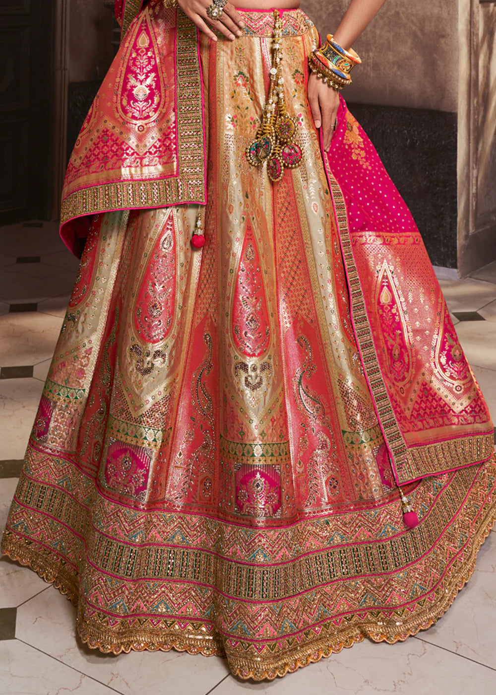 Charming Pink Banarasi Silk Sequence Embroidered Royal Bridal Lehenga