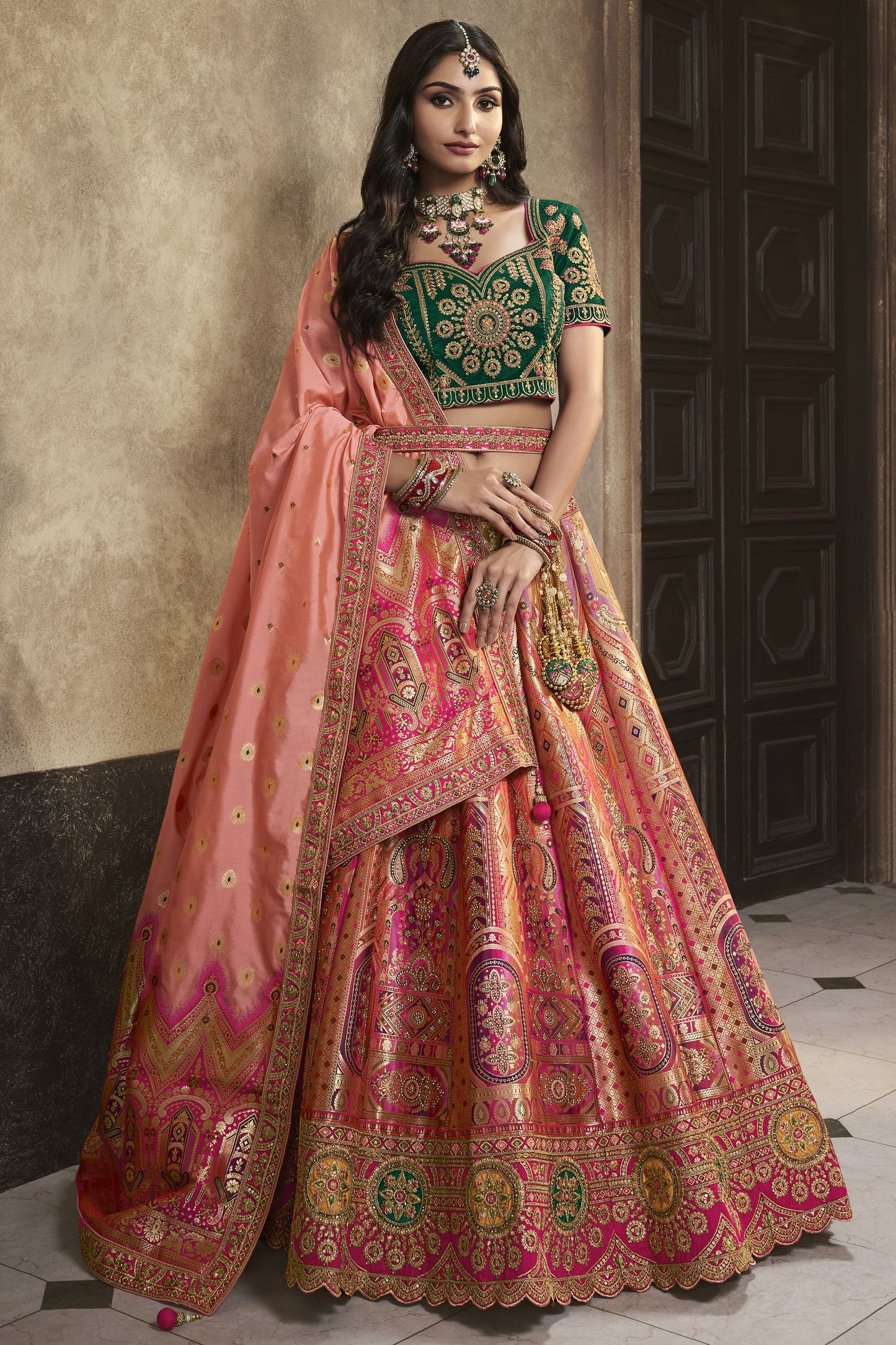 Green, Salmon Pink Banarasi Silk Sequence Embroidered Royal Bridal Lehenga