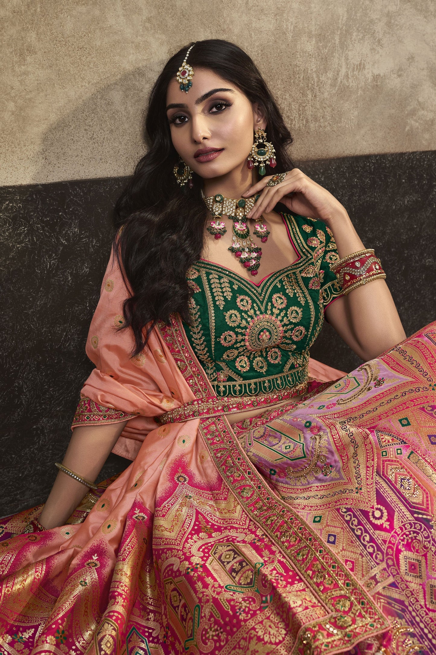 Green, Salmon Pink Banarasi Silk Sequence Embroidered Royal Bridal Lehenga