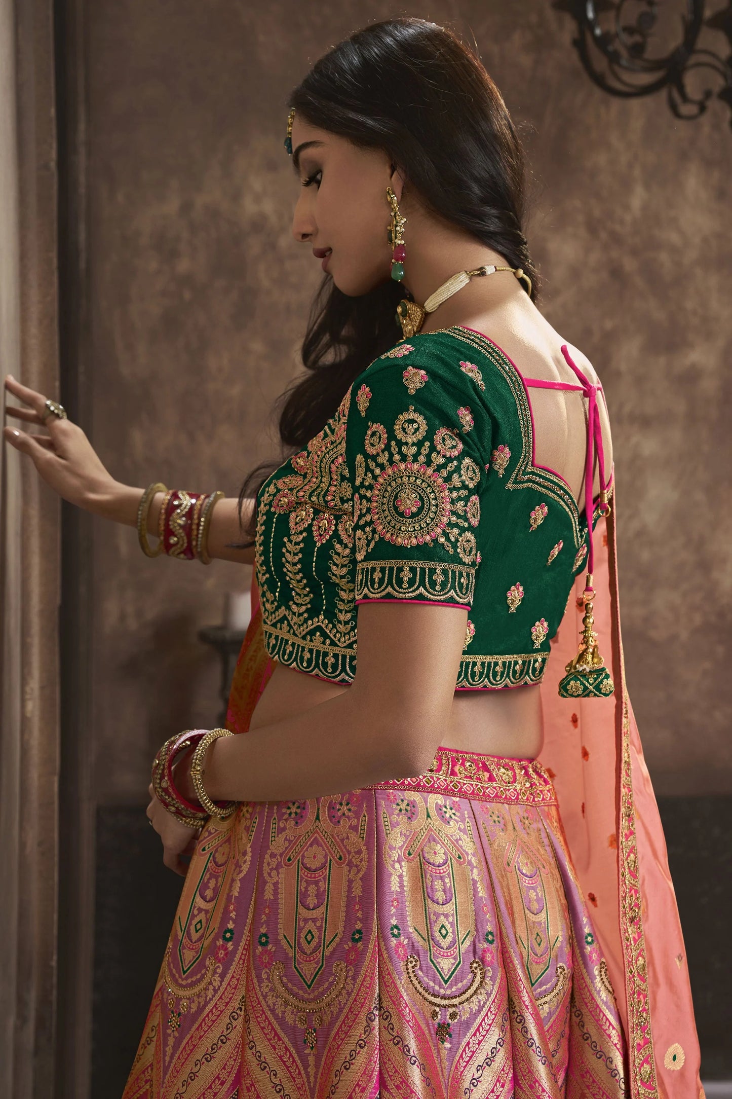 Green, Salmon Pink Banarasi Silk Sequence Embroidered Royal Bridal Lehenga