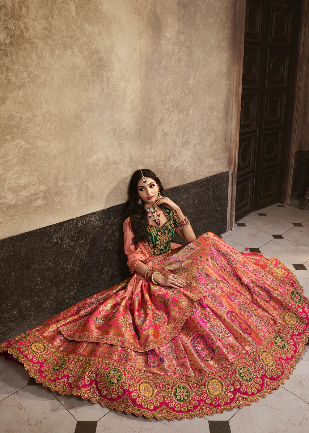 Green, Salmon Pink Banarasi Silk Sequence Embroidered Royal Bridal Lehenga