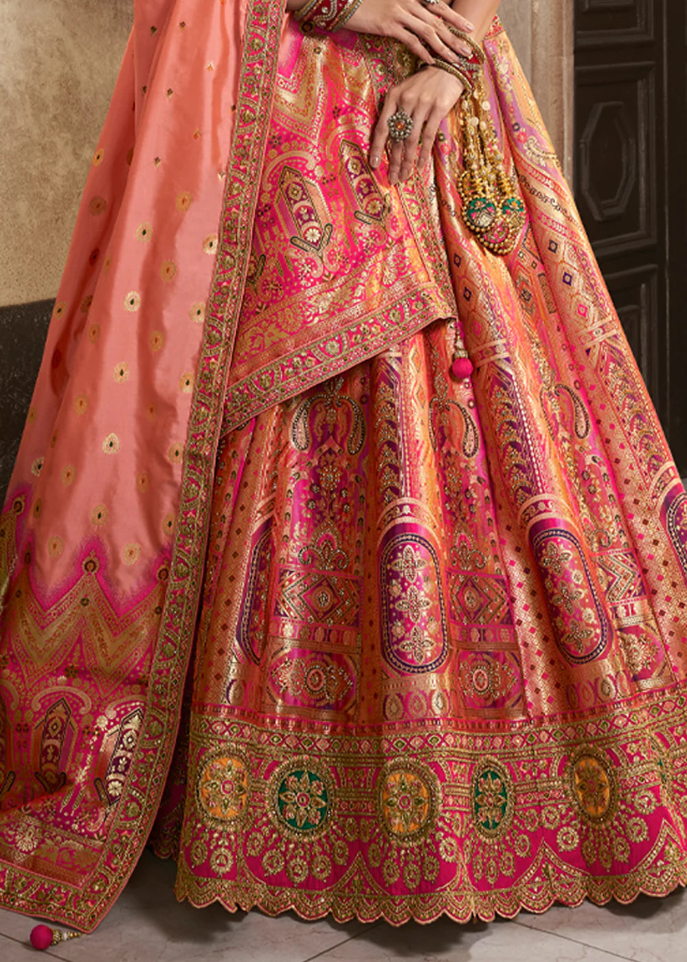 Green, Salmon Pink Banarasi Silk Sequence Embroidered Royal Bridal Lehenga