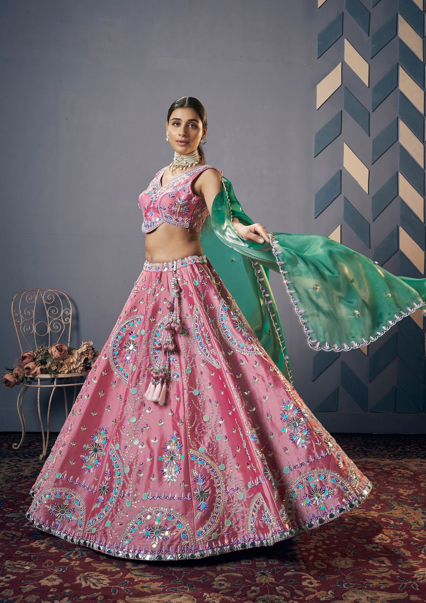 Pink Jimichoo Hand Embroidery Engagement Lehenga