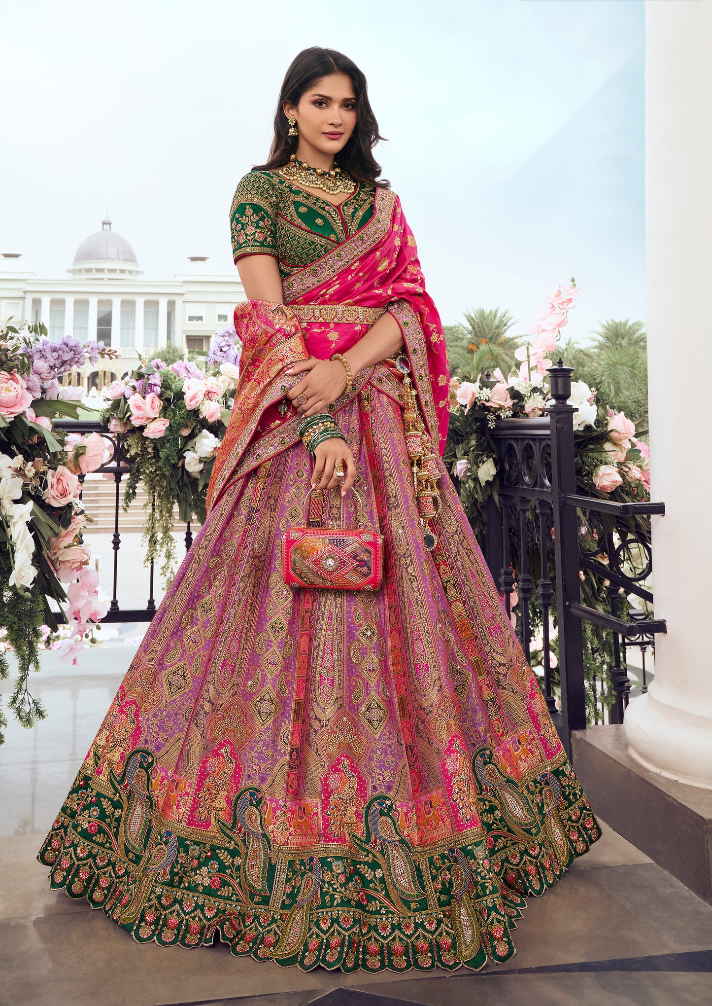 Rani Pink and Green Blouse Banarasi Silk Zarkan Embroidered Umbrella Royal Bridal Lehenga