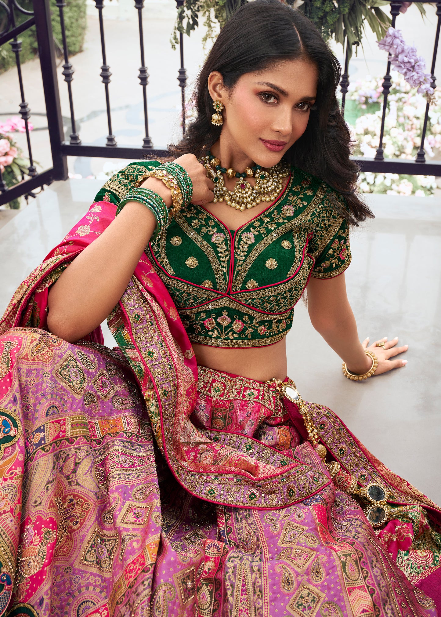 Rani Pink and Green Blouse Banarasi Silk Zarkan Embroidered Umbrella Royal Bridal Lehenga