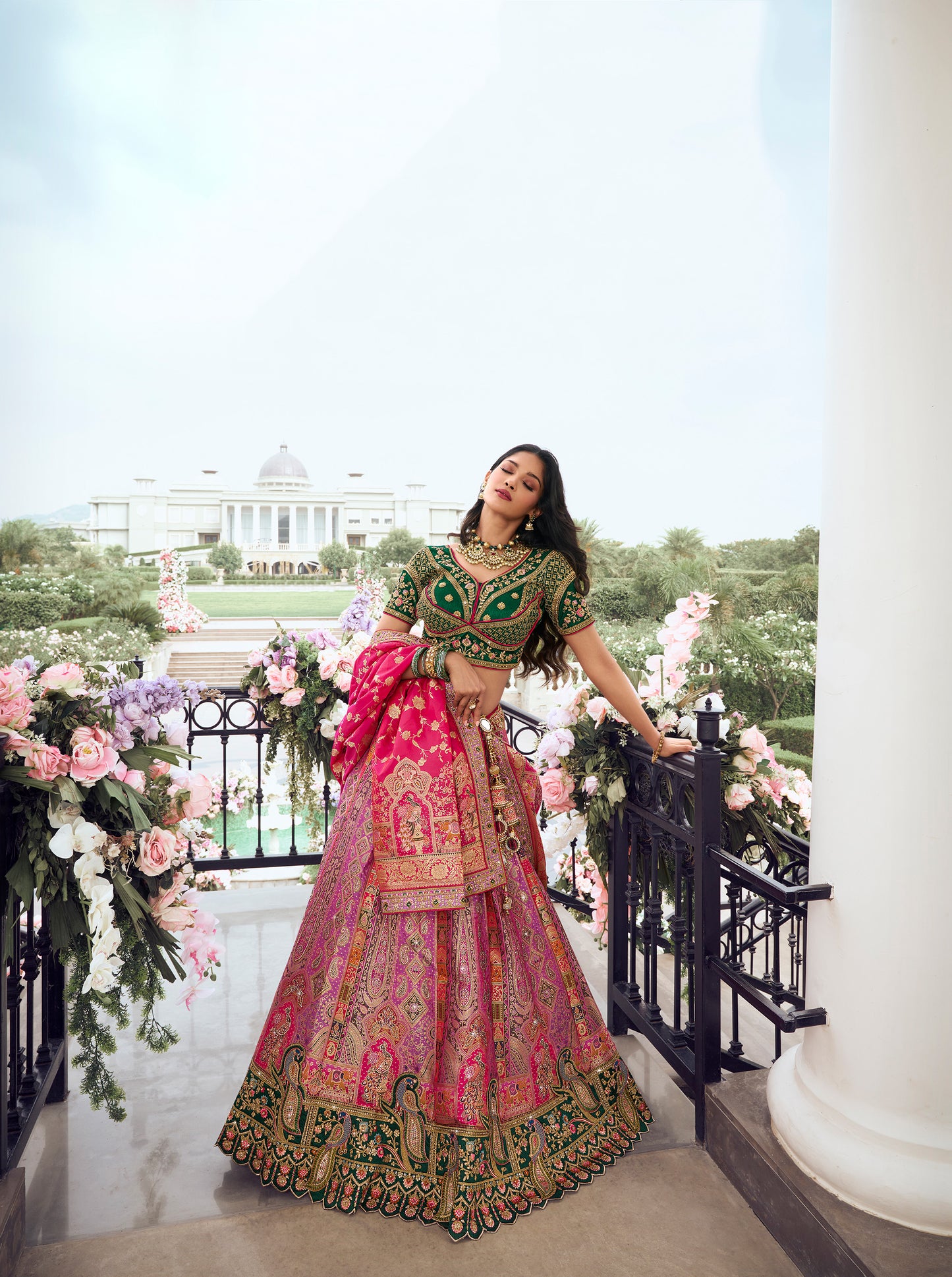 Rani Pink and Green Blouse Banarasi Silk Zarkan Embroidered Umbrella Royal Bridal Lehenga