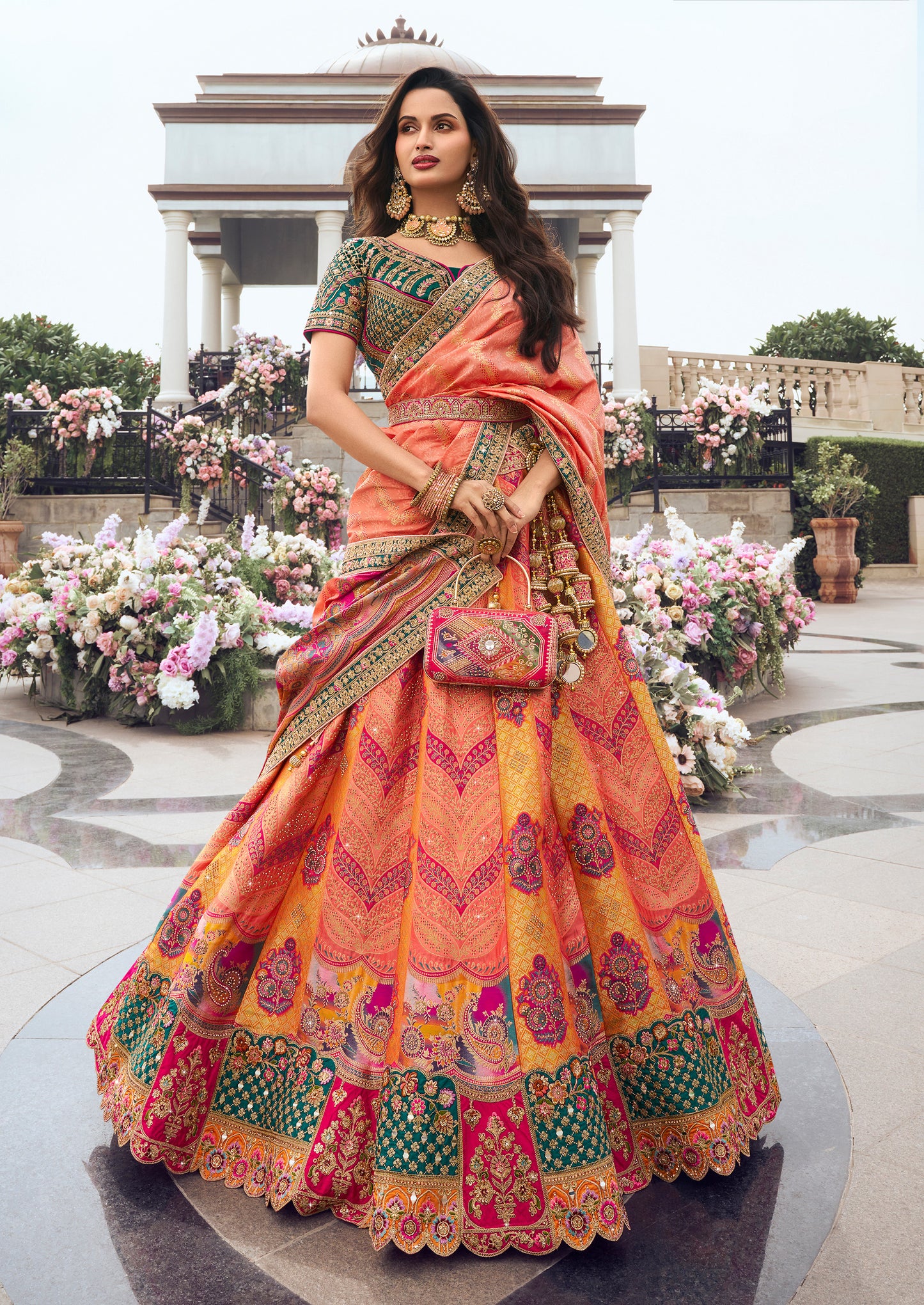 Orange Banarasi Silk Zarkan Embroidered Umbrella Royal Bridal Lehenga