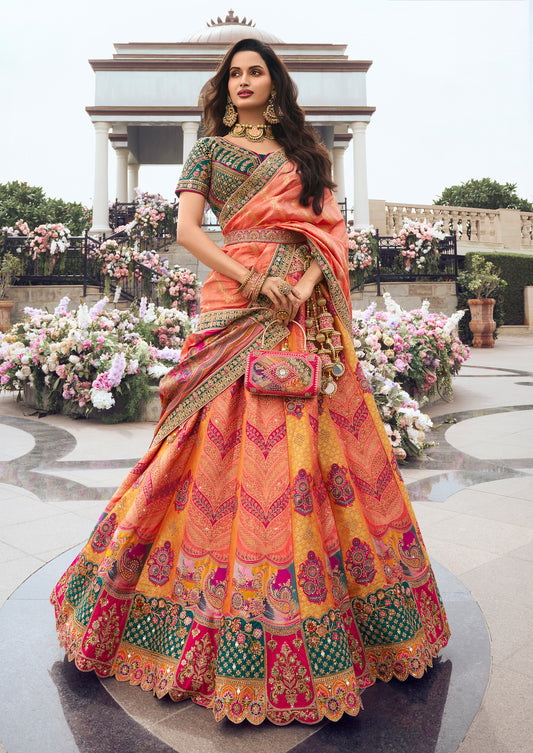 Orange Banarasi Silk Zarkan Embroidered Umbrella Royal Bridal Lehenga