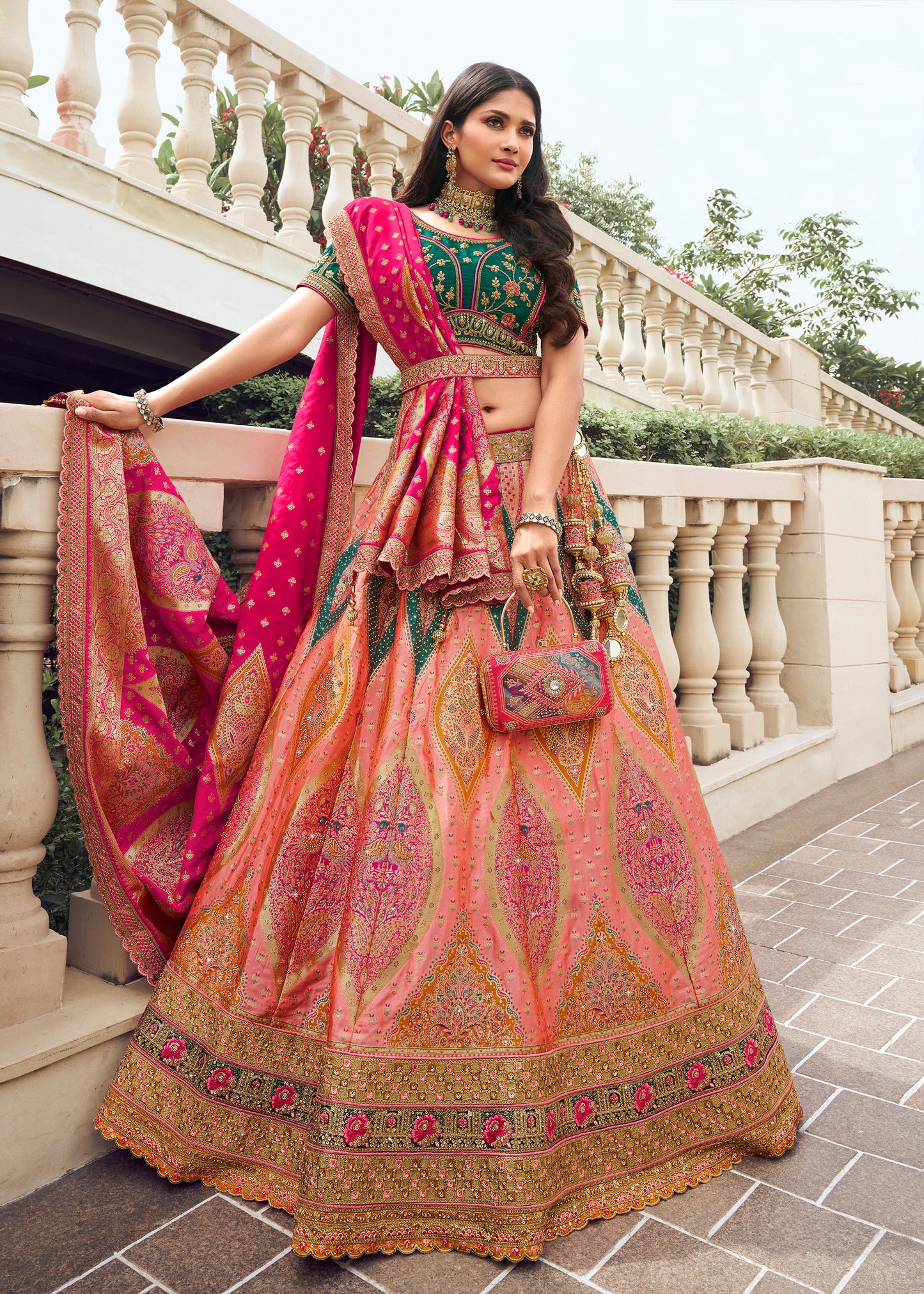 Pink and Green Blouse Banarasi Silk Zarkan Embroidered Umbrella Royal Bridal Lehenga