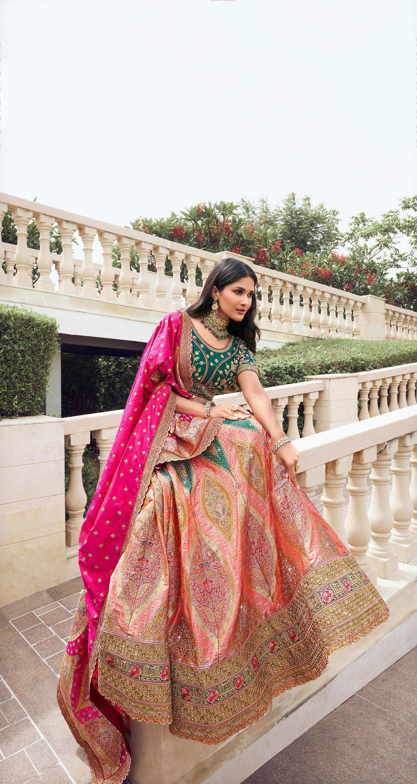 Pink and Green Blouse Banarasi Silk Zarkan Embroidered Umbrella Royal Bridal Lehenga