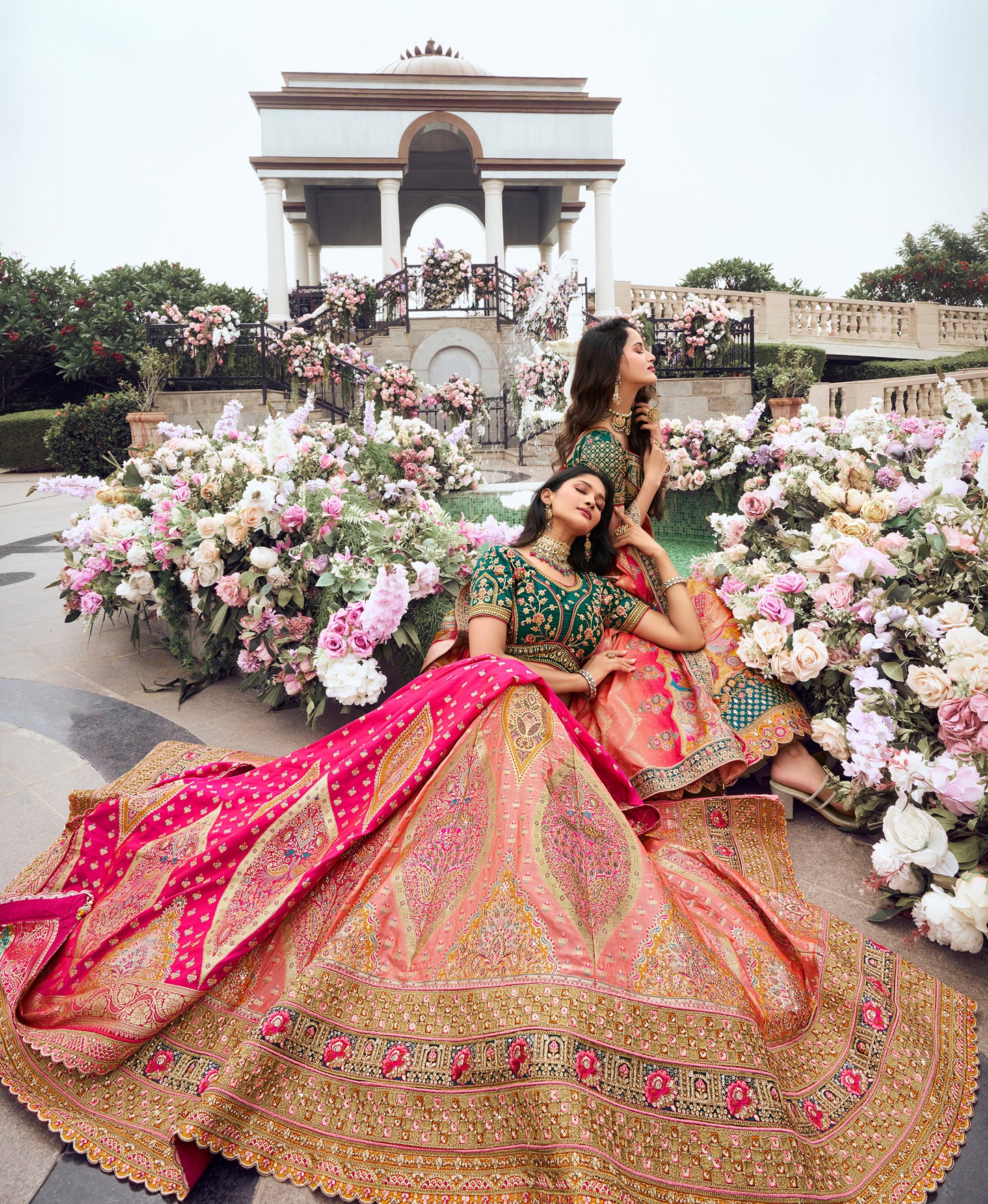 Pink and Green Blouse Banarasi Silk Zarkan Embroidered Umbrella Royal Bridal Lehenga