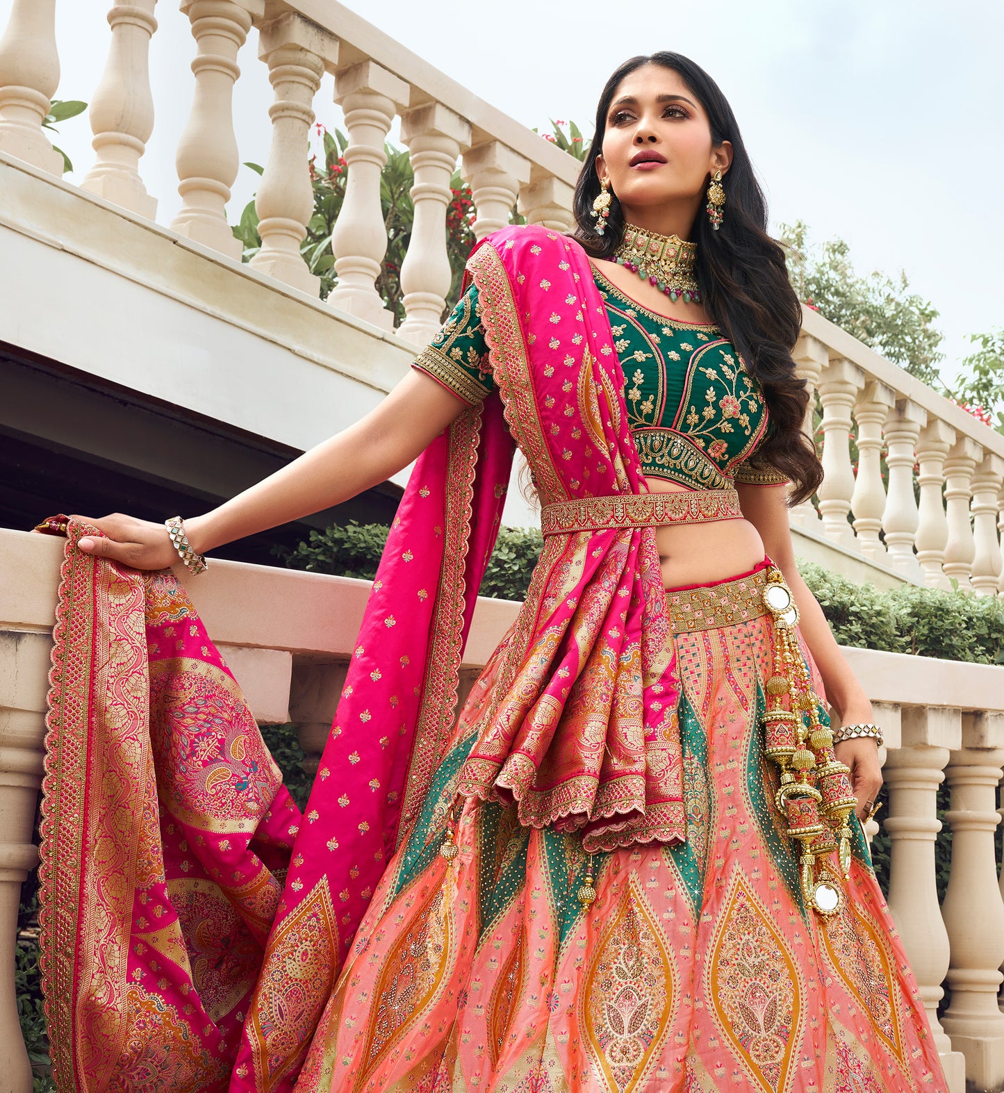 Pink and Green Blouse Banarasi Silk Zarkan Embroidered Umbrella Royal Bridal Lehenga