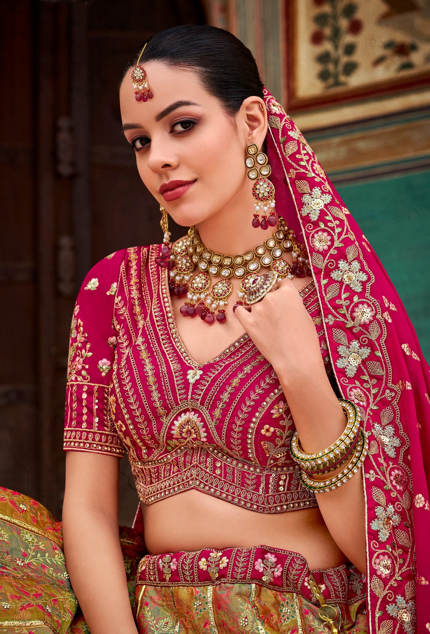 Pink and Green Zarkan and Sequence Embroidered Banarasi Silk Bridal Lehenga