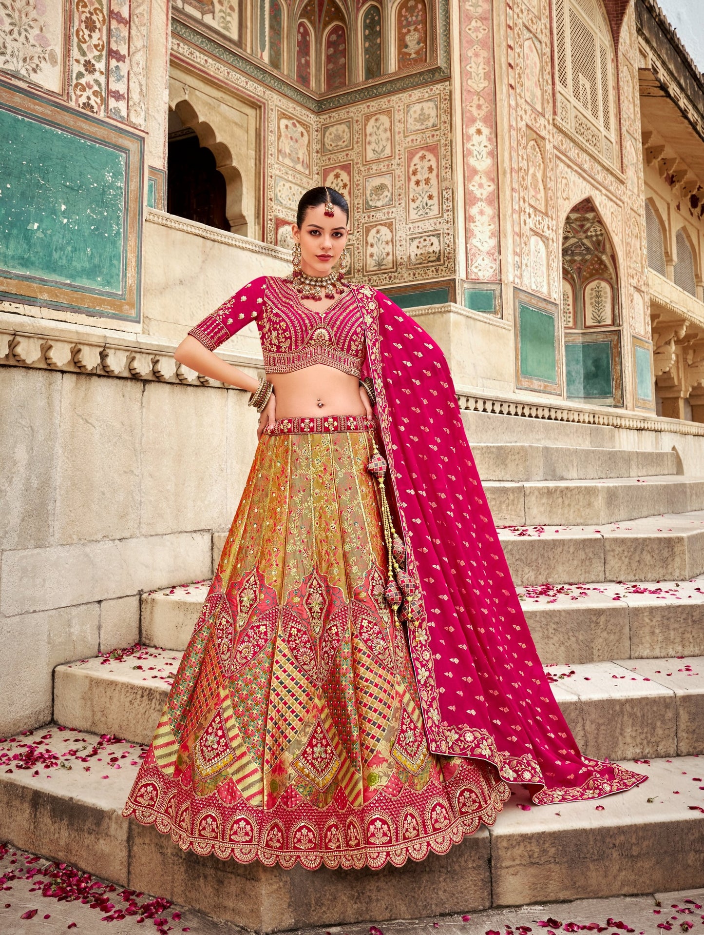 Pink and Green Zarkan and Sequence Embroidered Banarasi Silk Bridal Lehenga