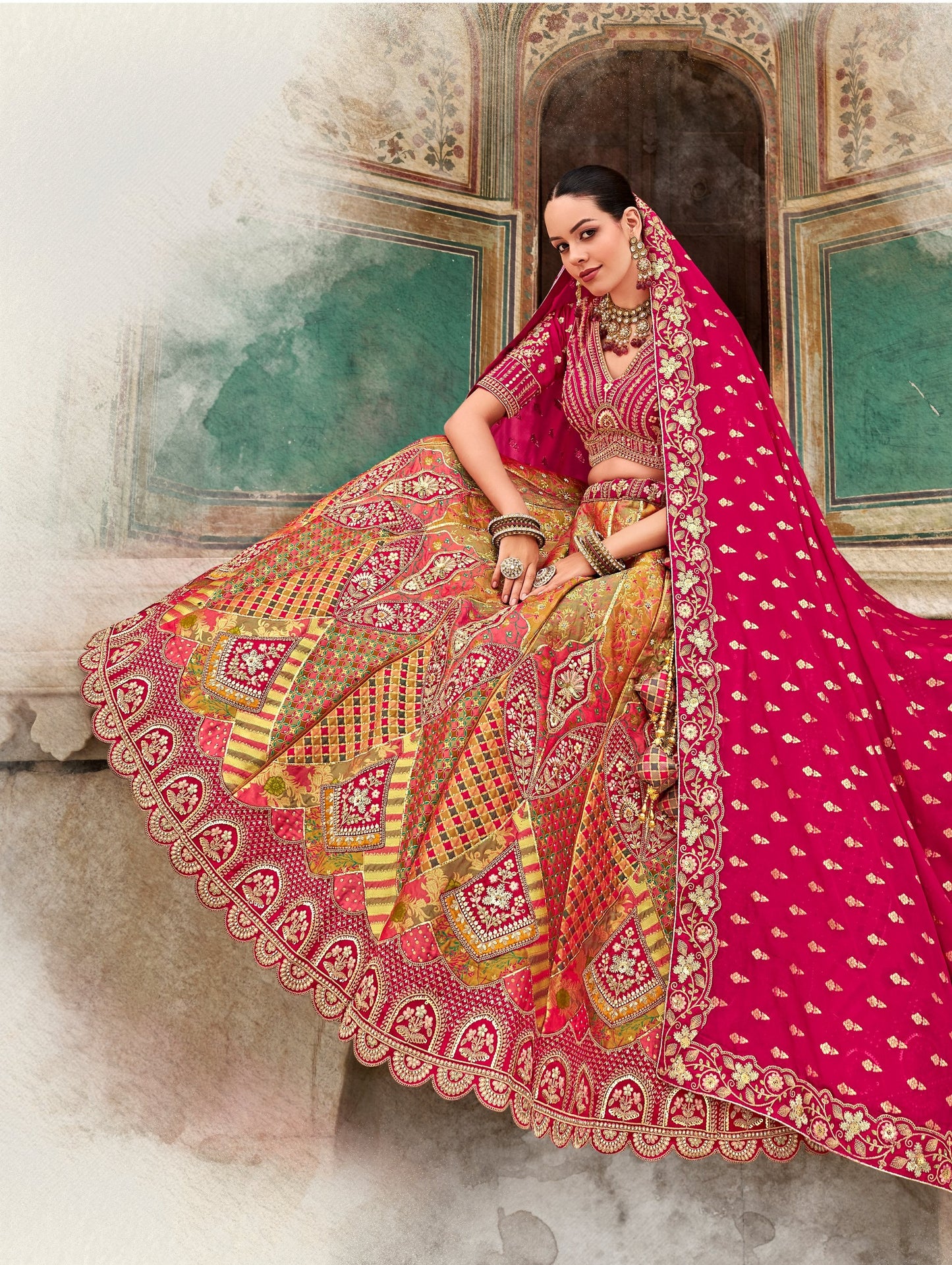 Pink and Green Zarkan and Sequence Embroidered Banarasi Silk Bridal Lehenga