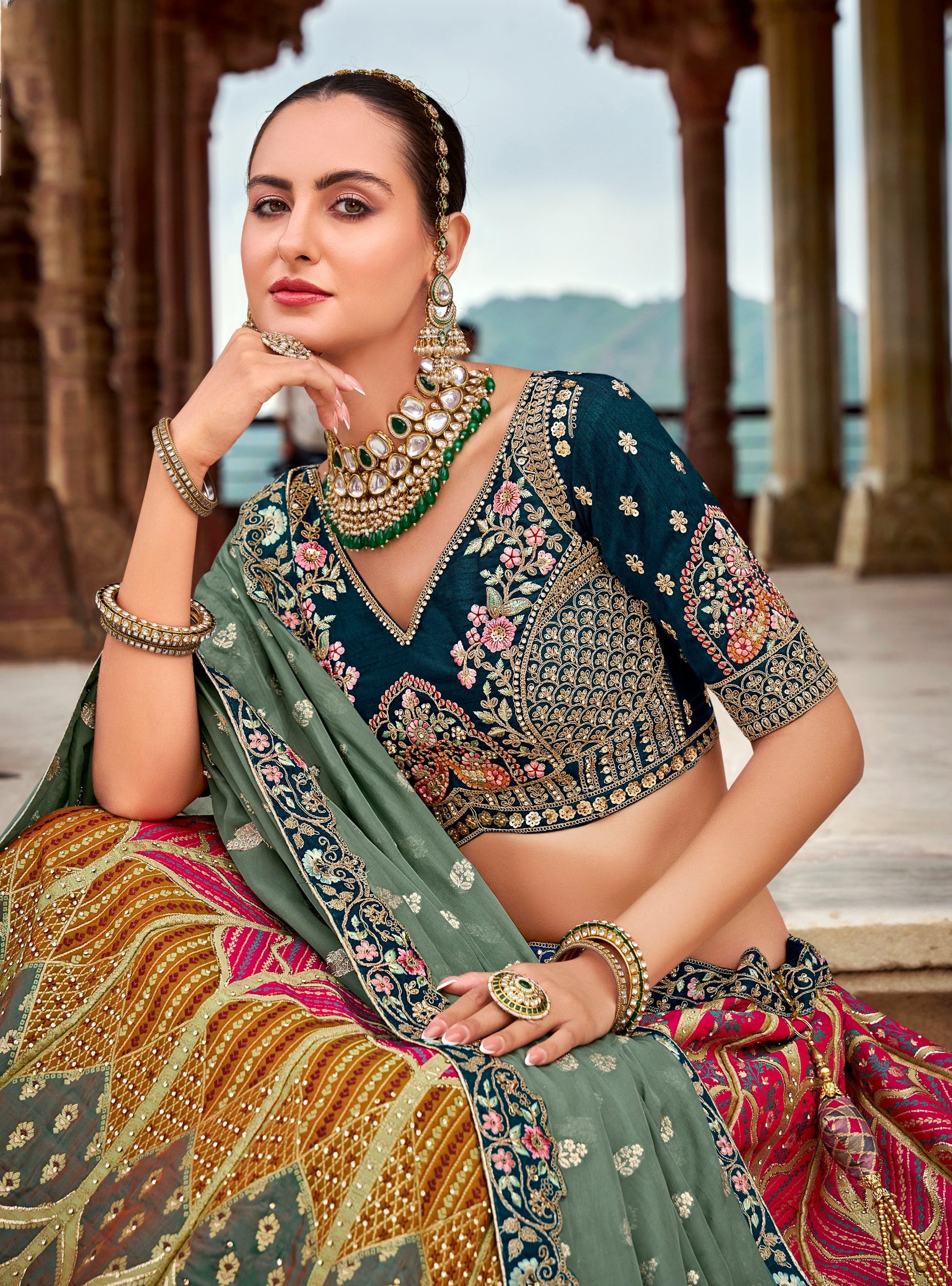 Multicolor Zarkan and Sequence Embroidered Banarasi silk Bridal Lehenga