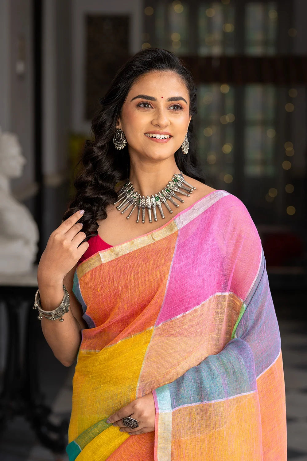 Handloom Pastel Multi Colour Linen Saree