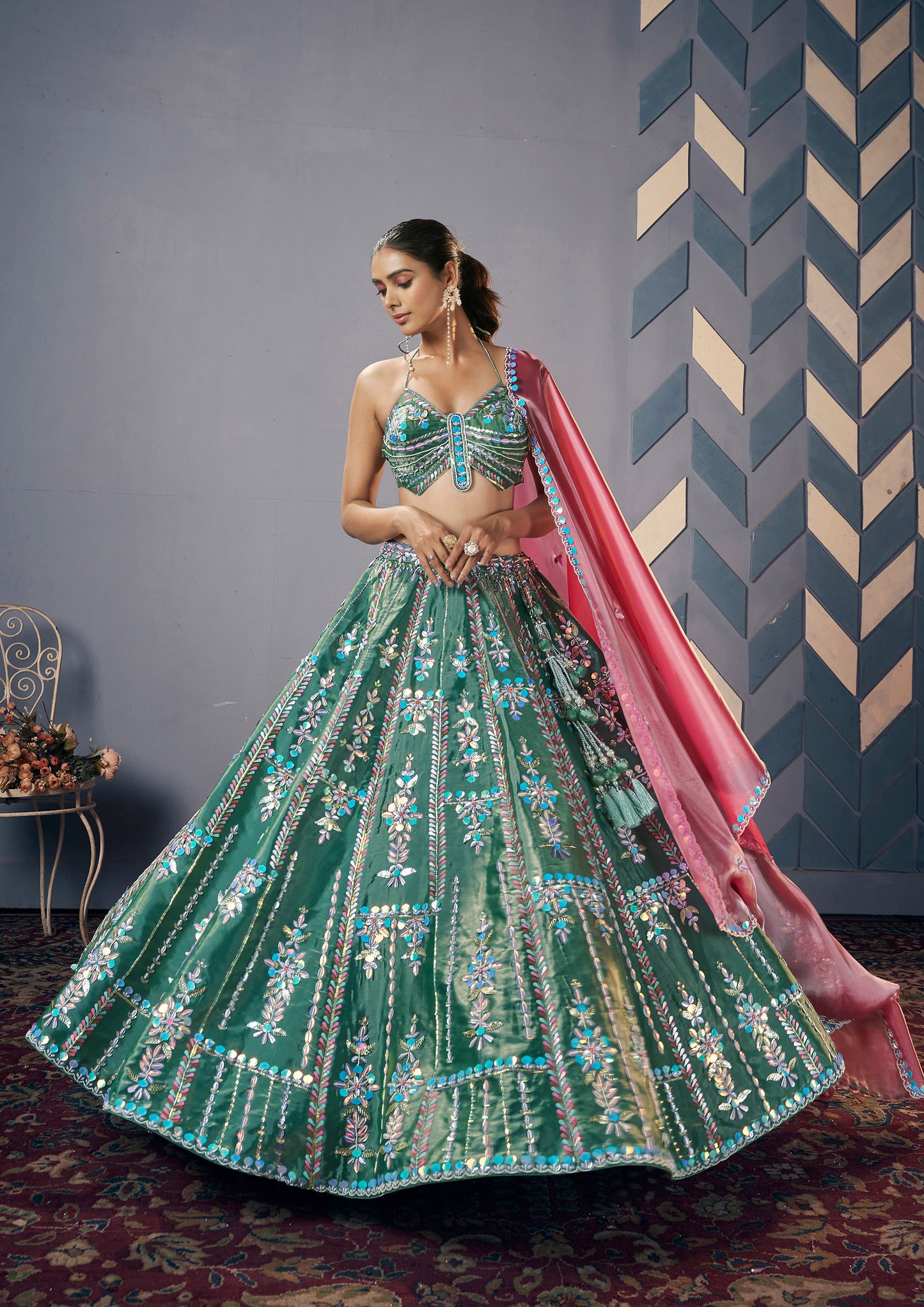 Sea Green Jimichoo Hand Embroidery Wedding Guest Lehenga