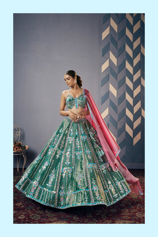 Sea Green Jimichoo Hand Embroidery Wedding Guest Lehenga