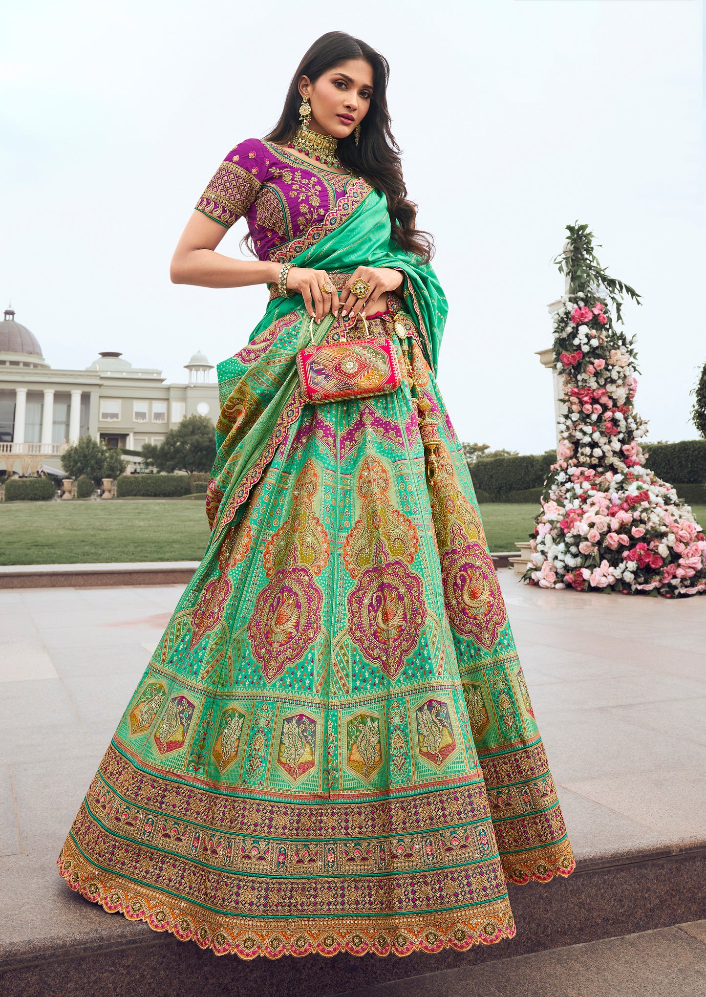 Green and Purple Blouse Banarasi Silk Zarkan Embroidered Umbrella Royal Bridal Lehenga