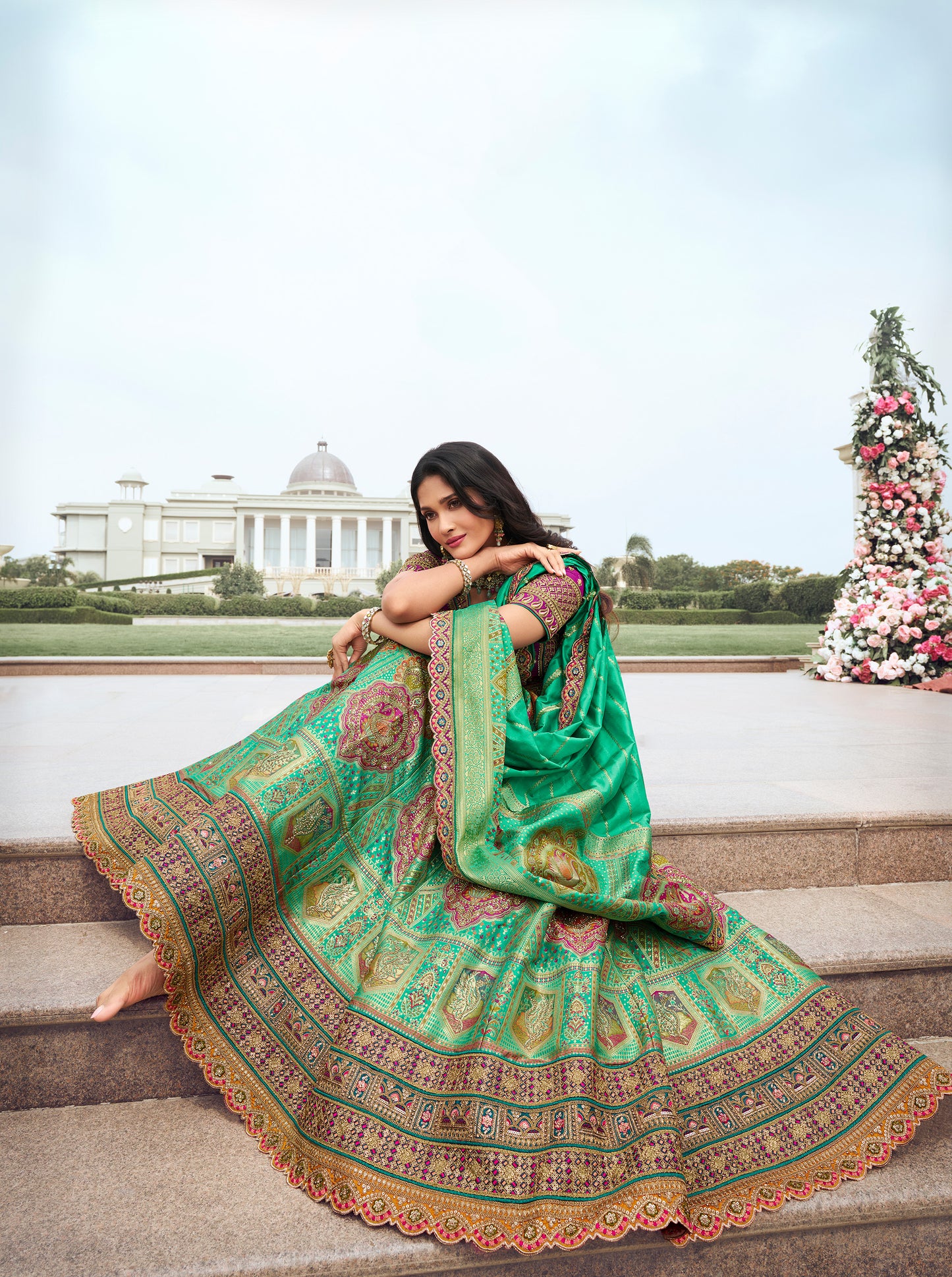 Green and Purple Blouse Banarasi Silk Zarkan Embroidered Umbrella Royal Bridal Lehenga