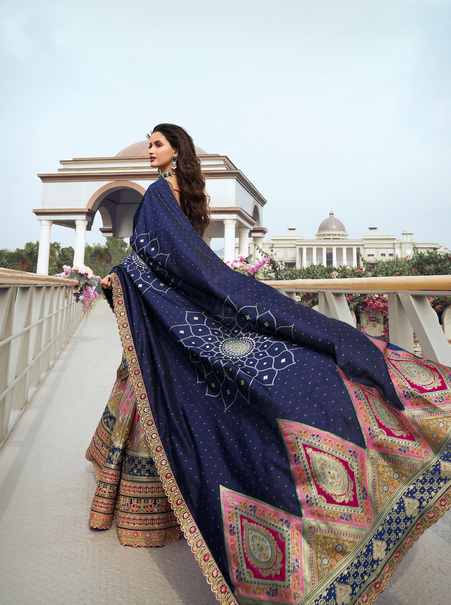 Blue Banarasi Silk Zarkan Embroidered Umbrella Royal Bridal Lehenga