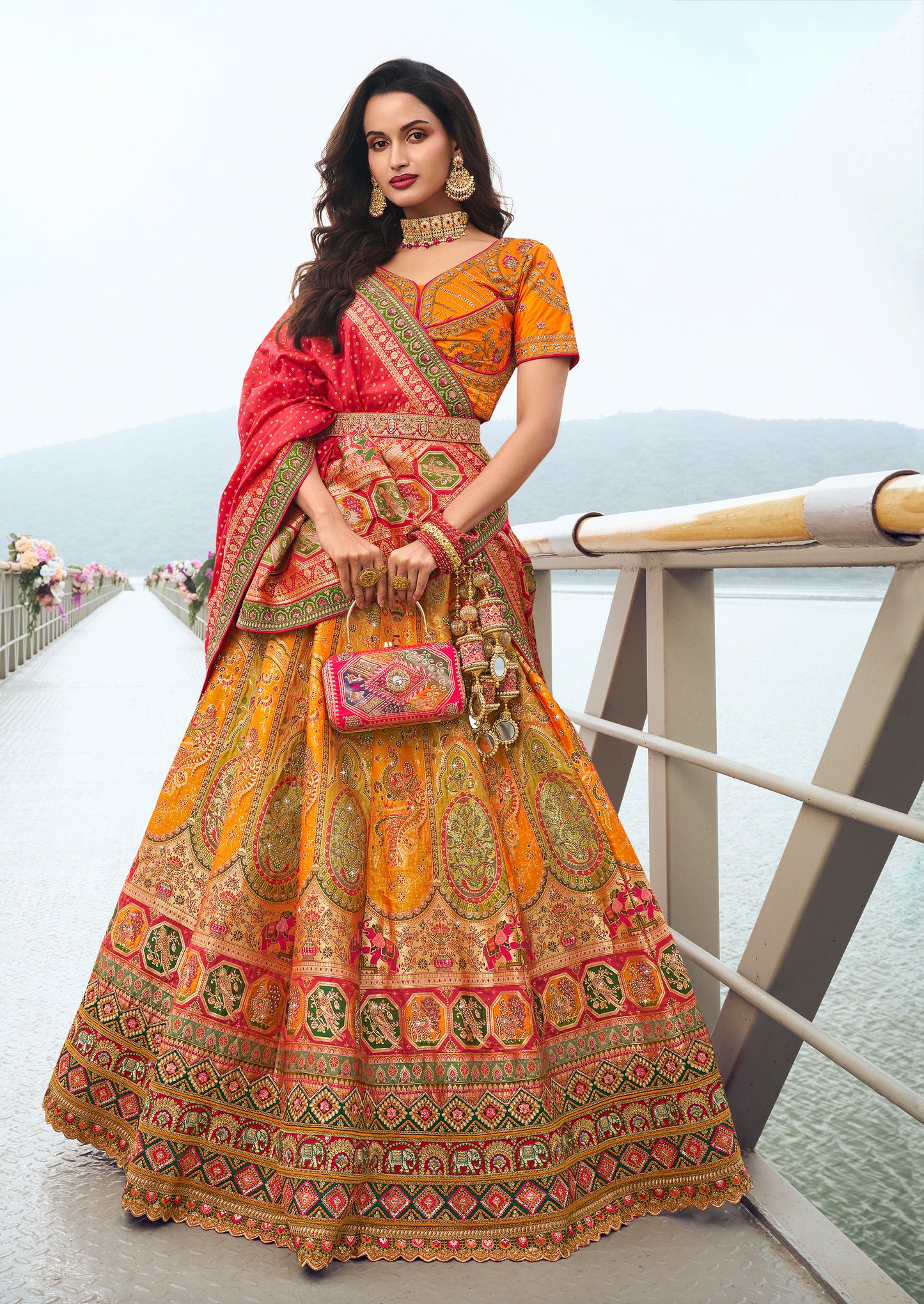 Mustard Banarasi Silk Zarkan Embroidered Umbrella Royal Bridal Lehenga