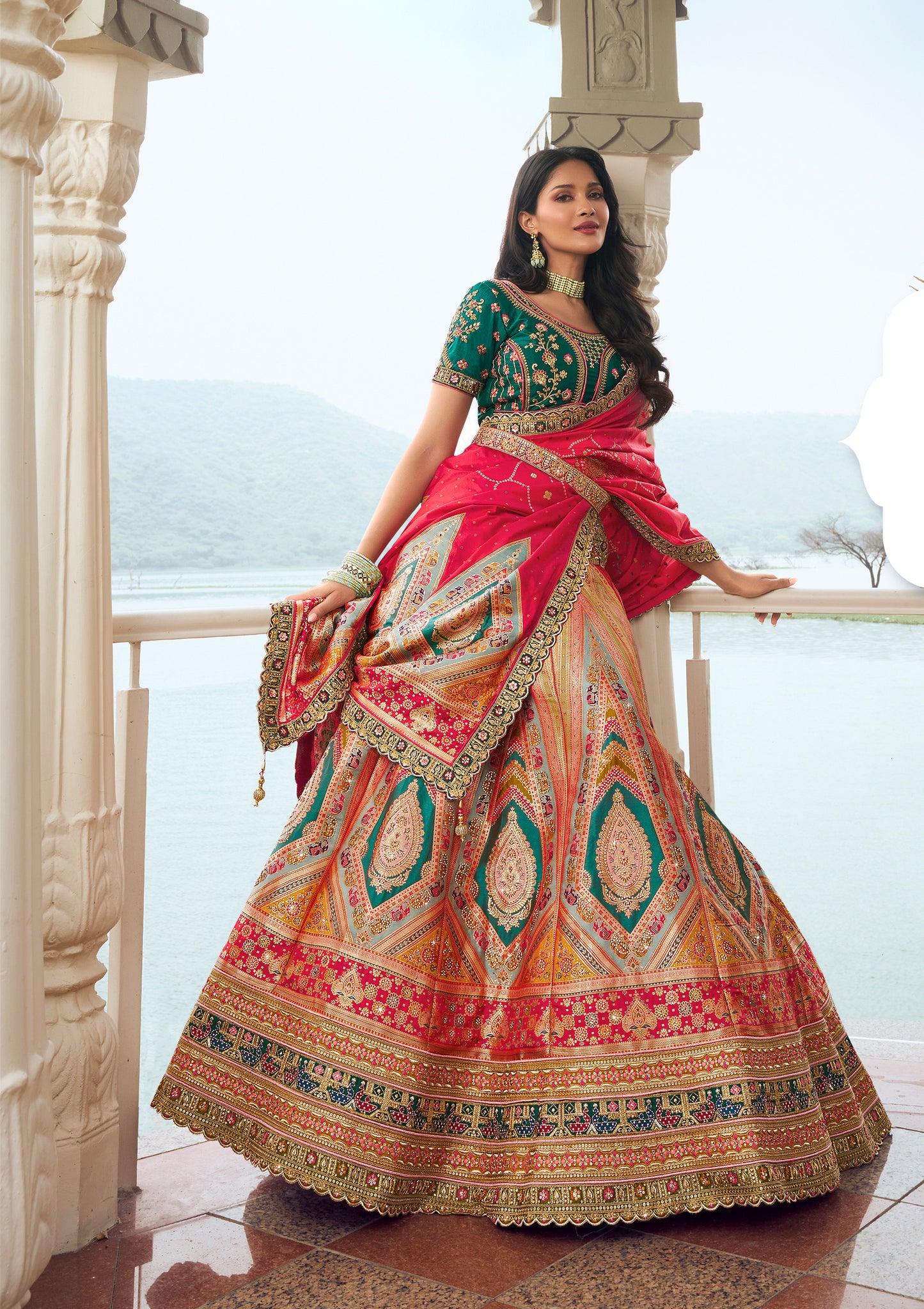 Dark Green Banarasi Silk Zarkan Embroidered Umbrella Royal Bridal Lehenga