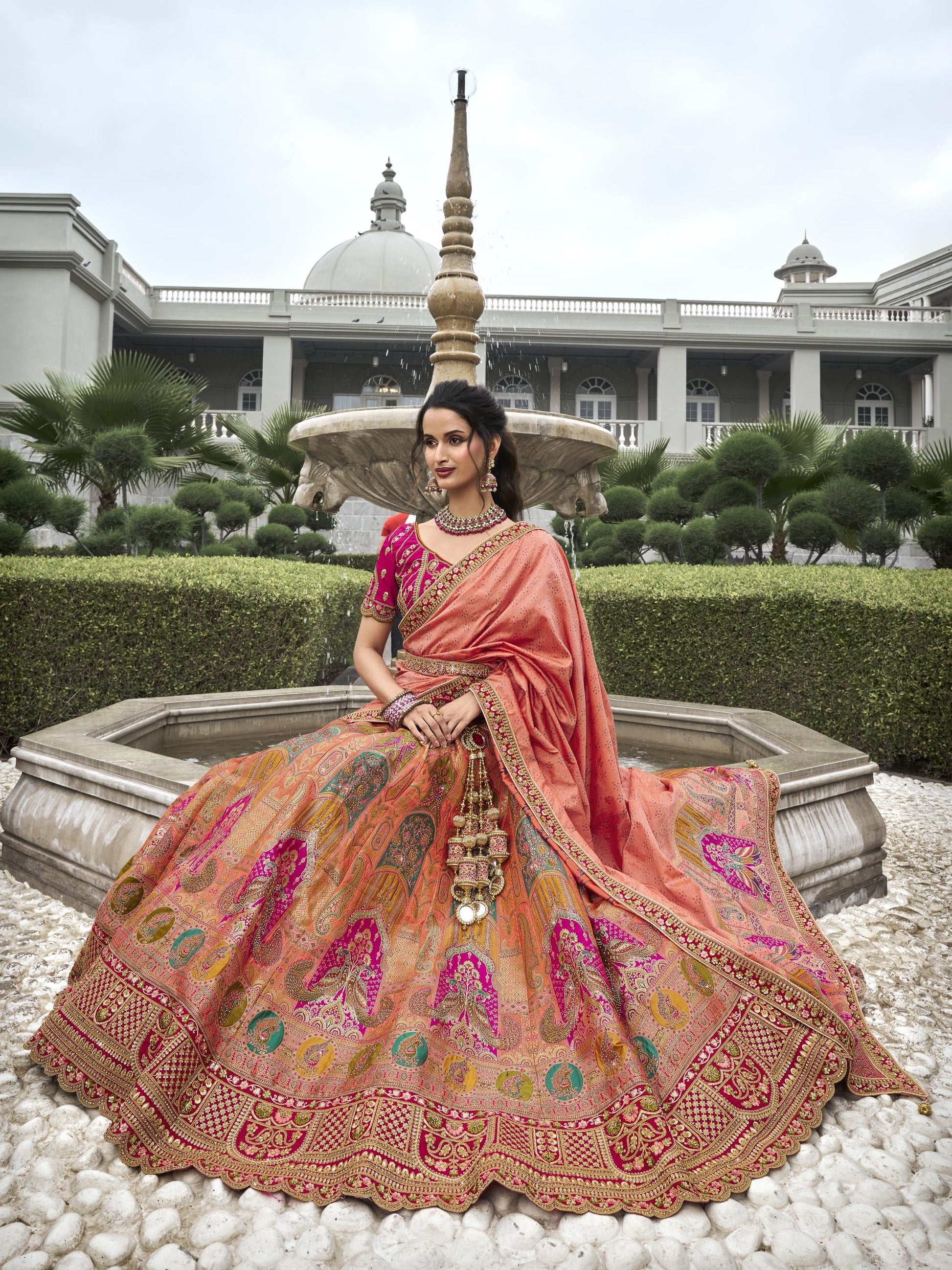 Peach Zarkan Embroidered Banarasi Silk Bridal Lehenga