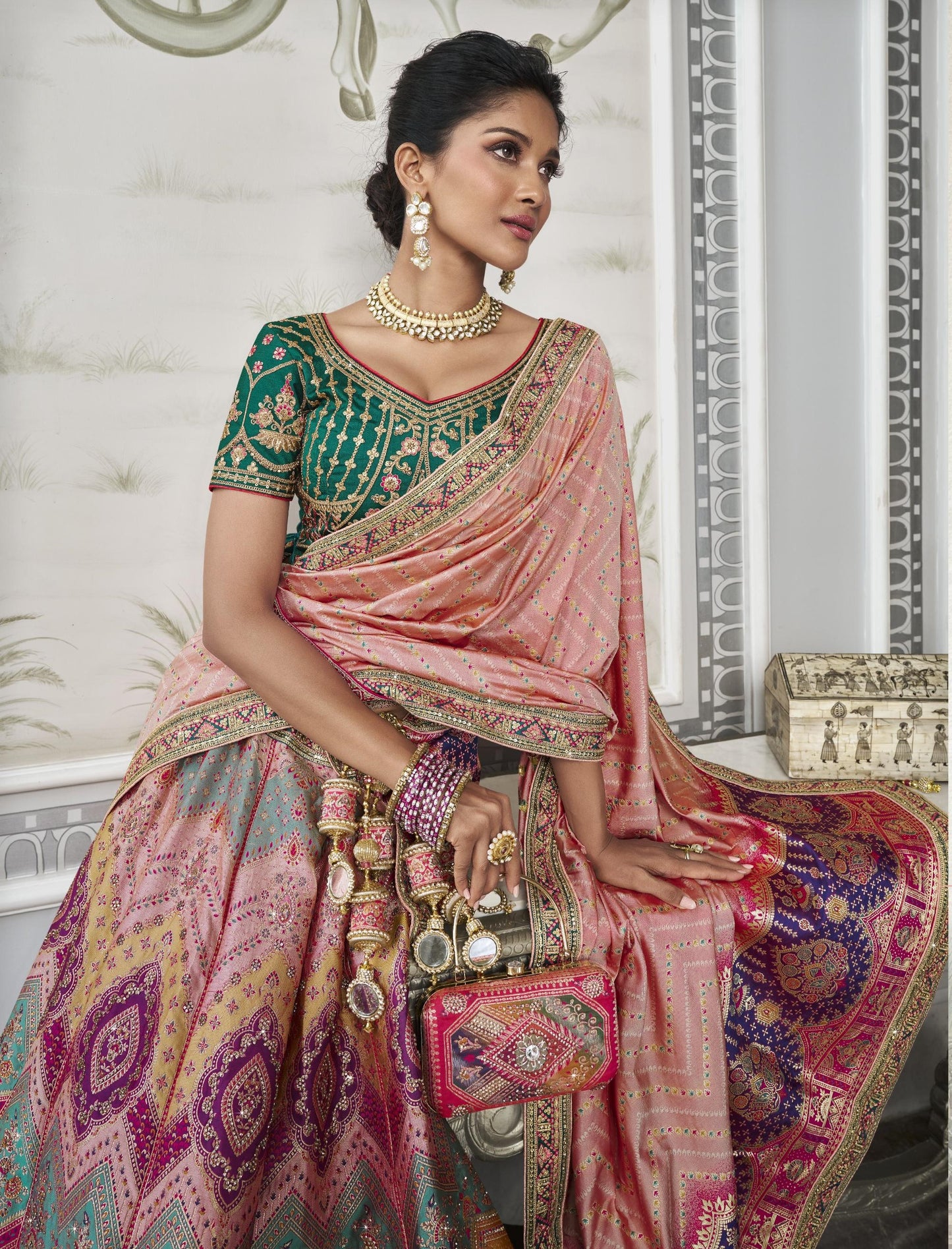 Multi Color Zarkan Embroidered Banarasi Silk Bridal Lehenga