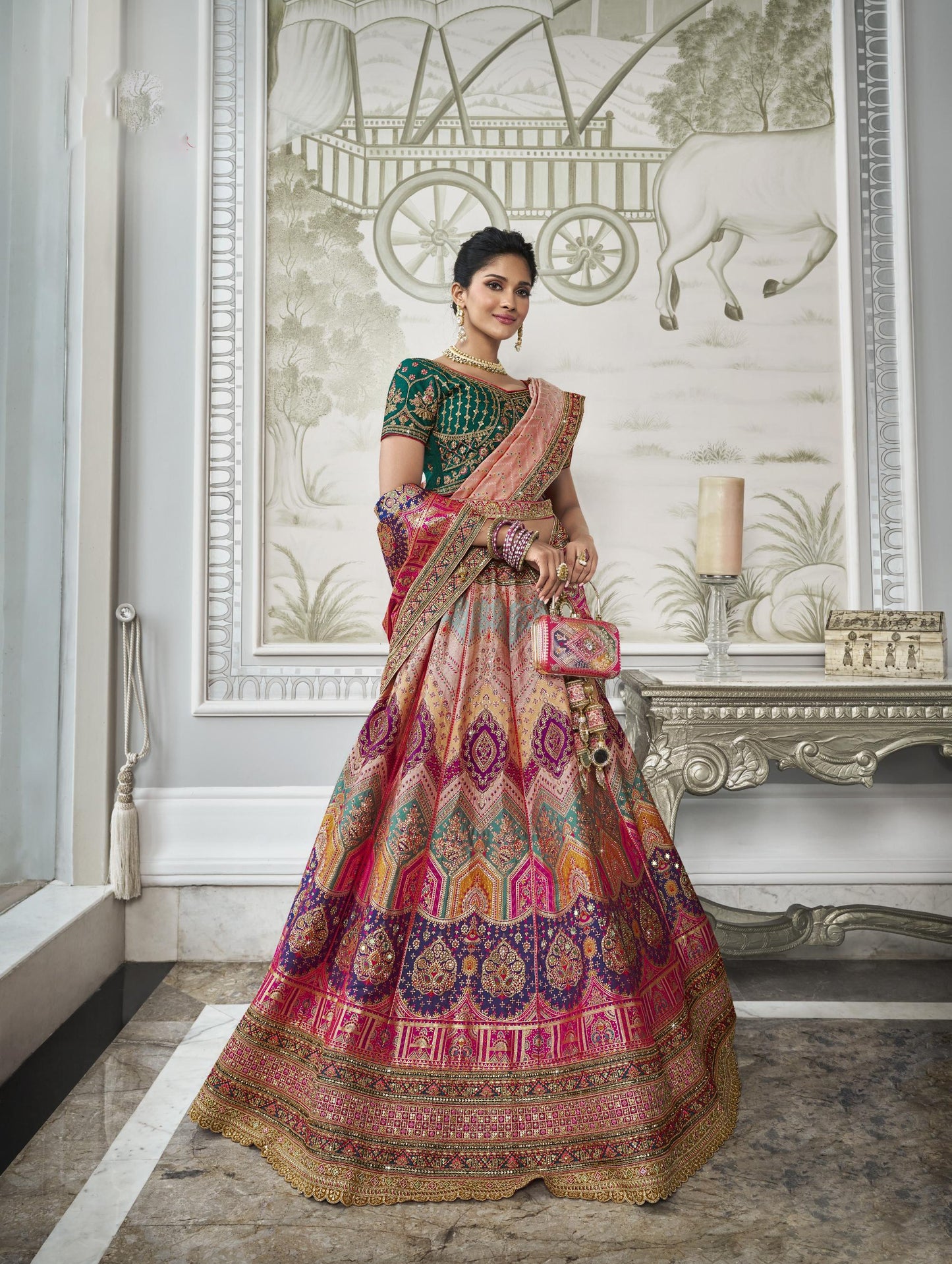 Multi Color Zarkan Embroidered Banarasi Silk Bridal Lehenga