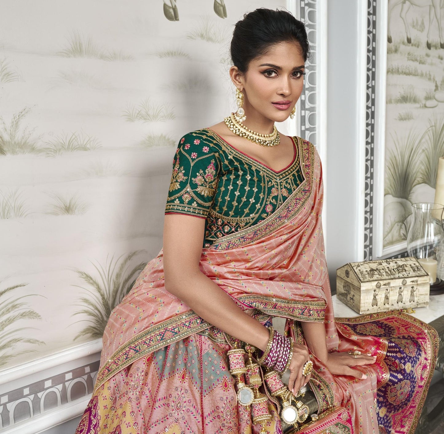 Multi Color Zarkan Embroidered Banarasi Silk Bridal Lehenga