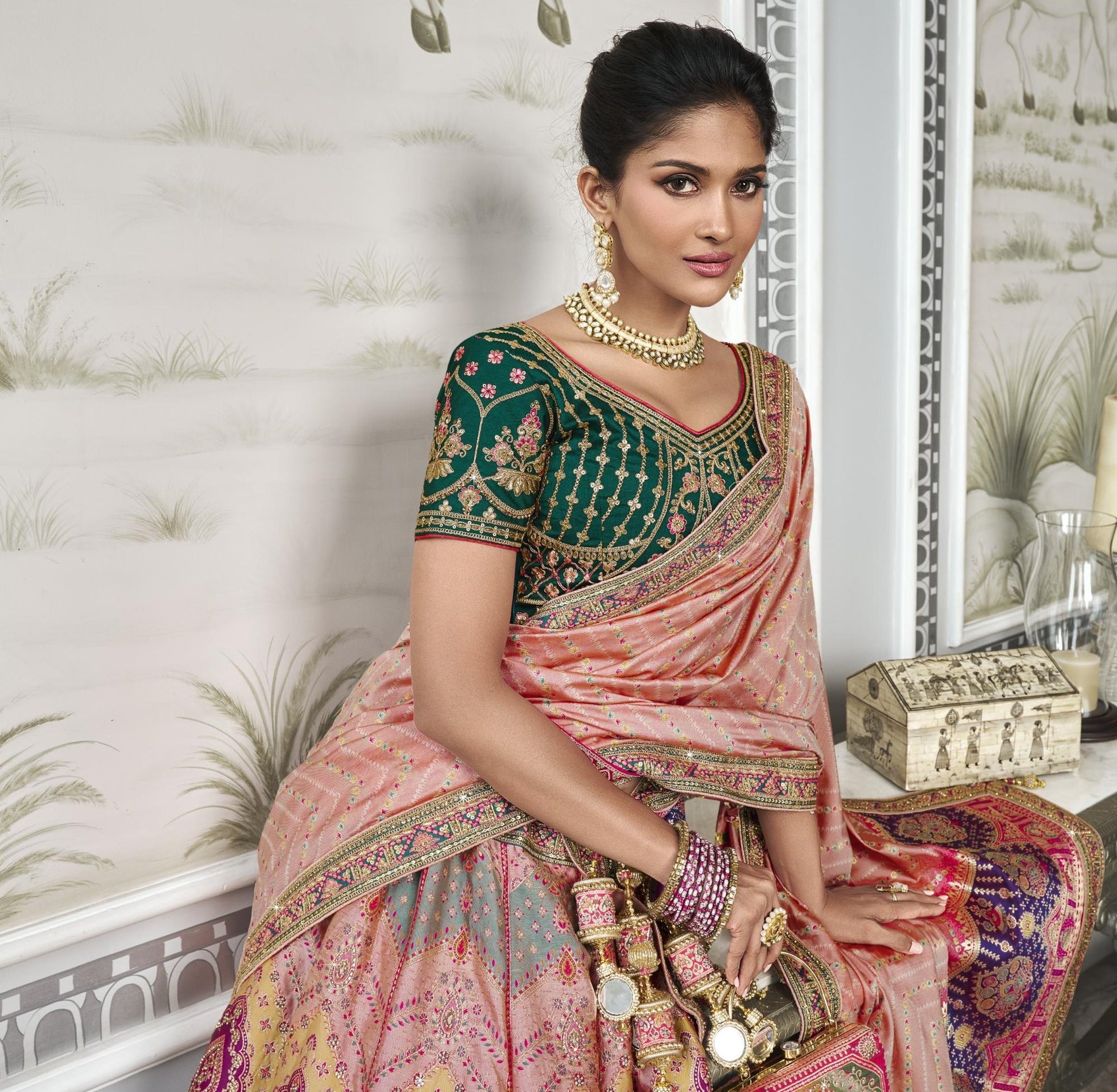 Multi Color Zarkan Embroidered Banarasi Silk Bridal Lehenga