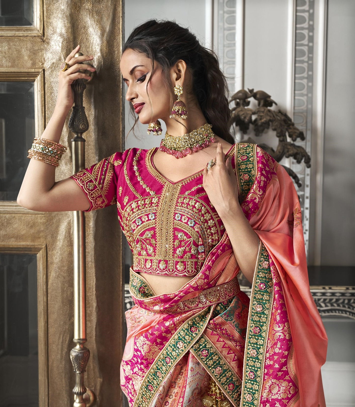 Pink and Peach Zarkan Embroidered Banarasi Silk Bridal Lehenga