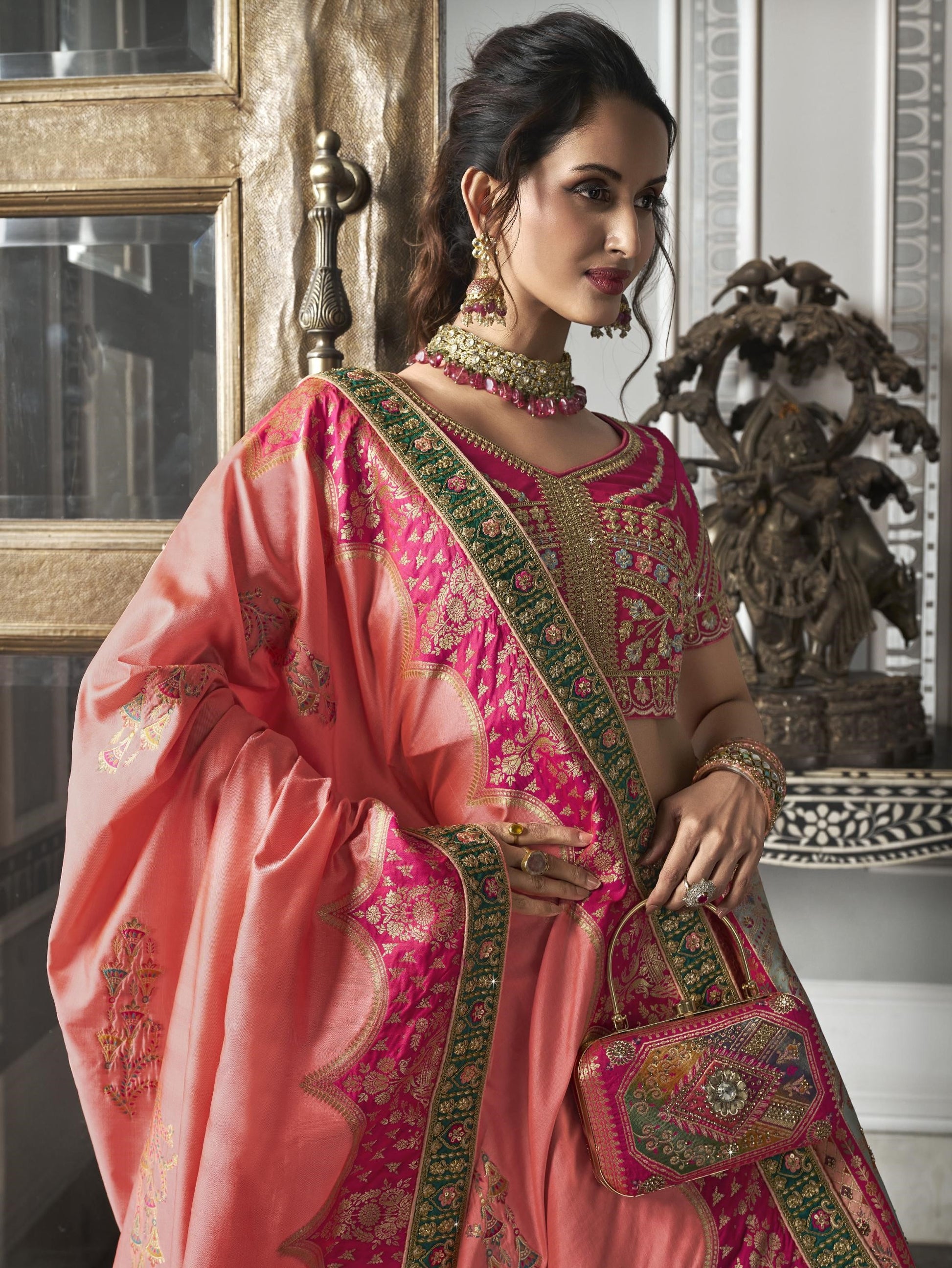 Pink and Peach Zarkan Embroidered Banarasi Silk Bridal Lehenga