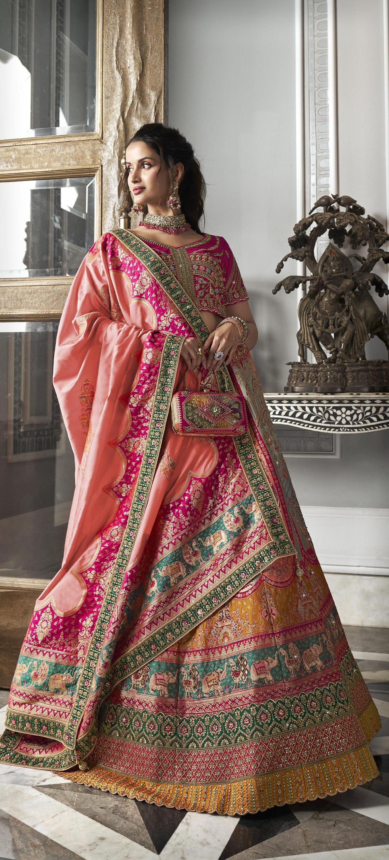 Pink and Peach Zarkan Embroidered Banarasi Silk Bridal Lehenga