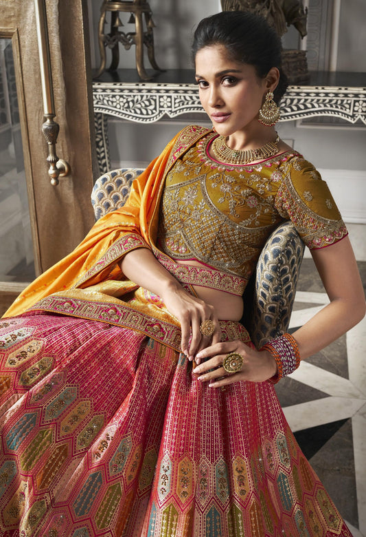 Mustard-Pink Zarkan Embroidered Banarasi Silk Bridal Lehenga