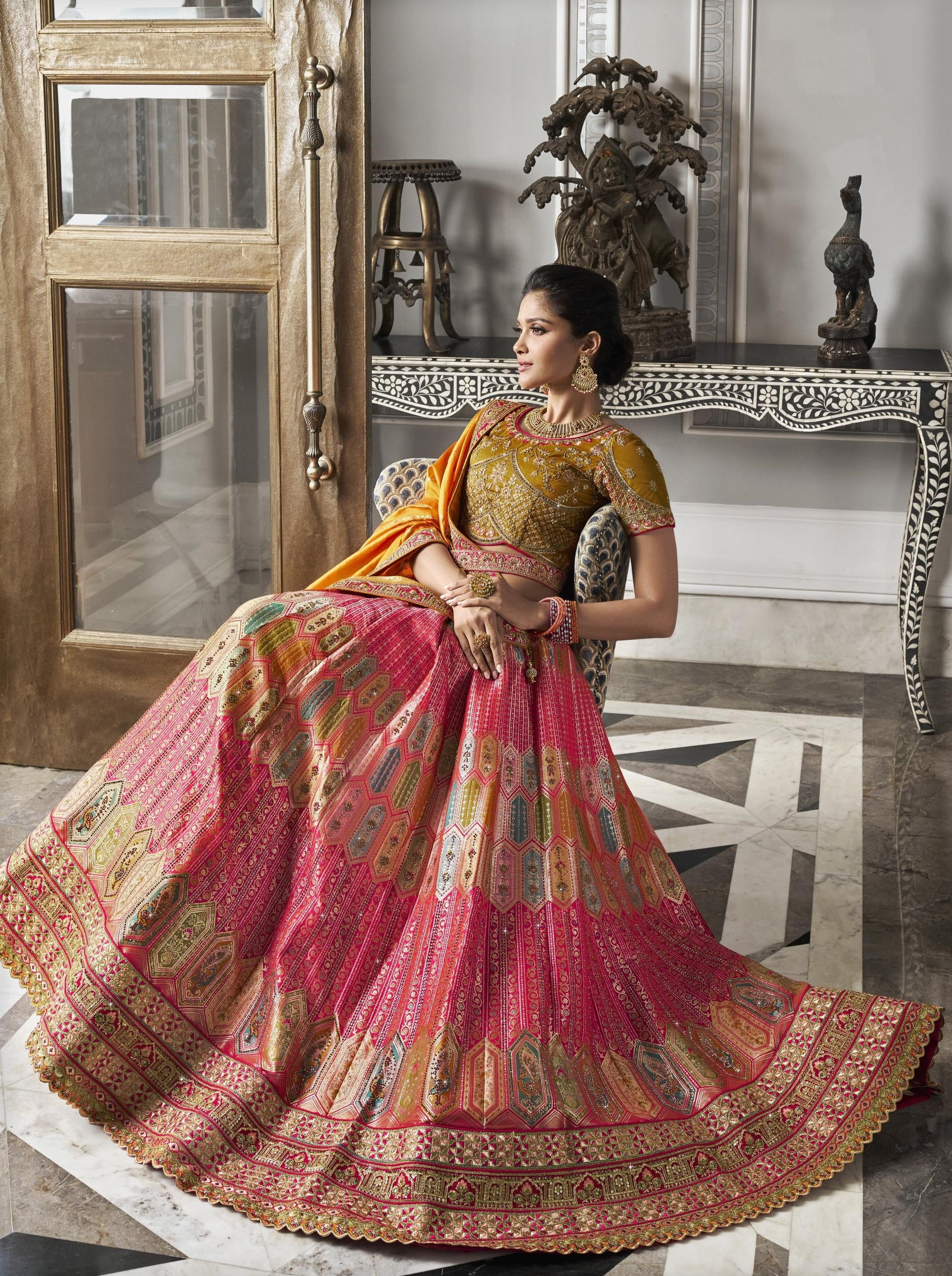 Mustard-Pink Zarkan Embroidered Banarasi Silk Bridal Lehenga